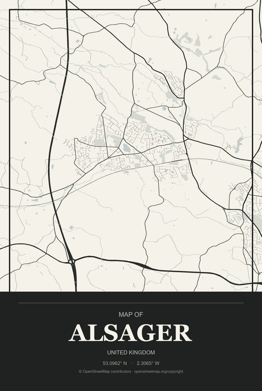 Alsager, United Kingdom City Map Aluminum Sign in Museum Plaque style