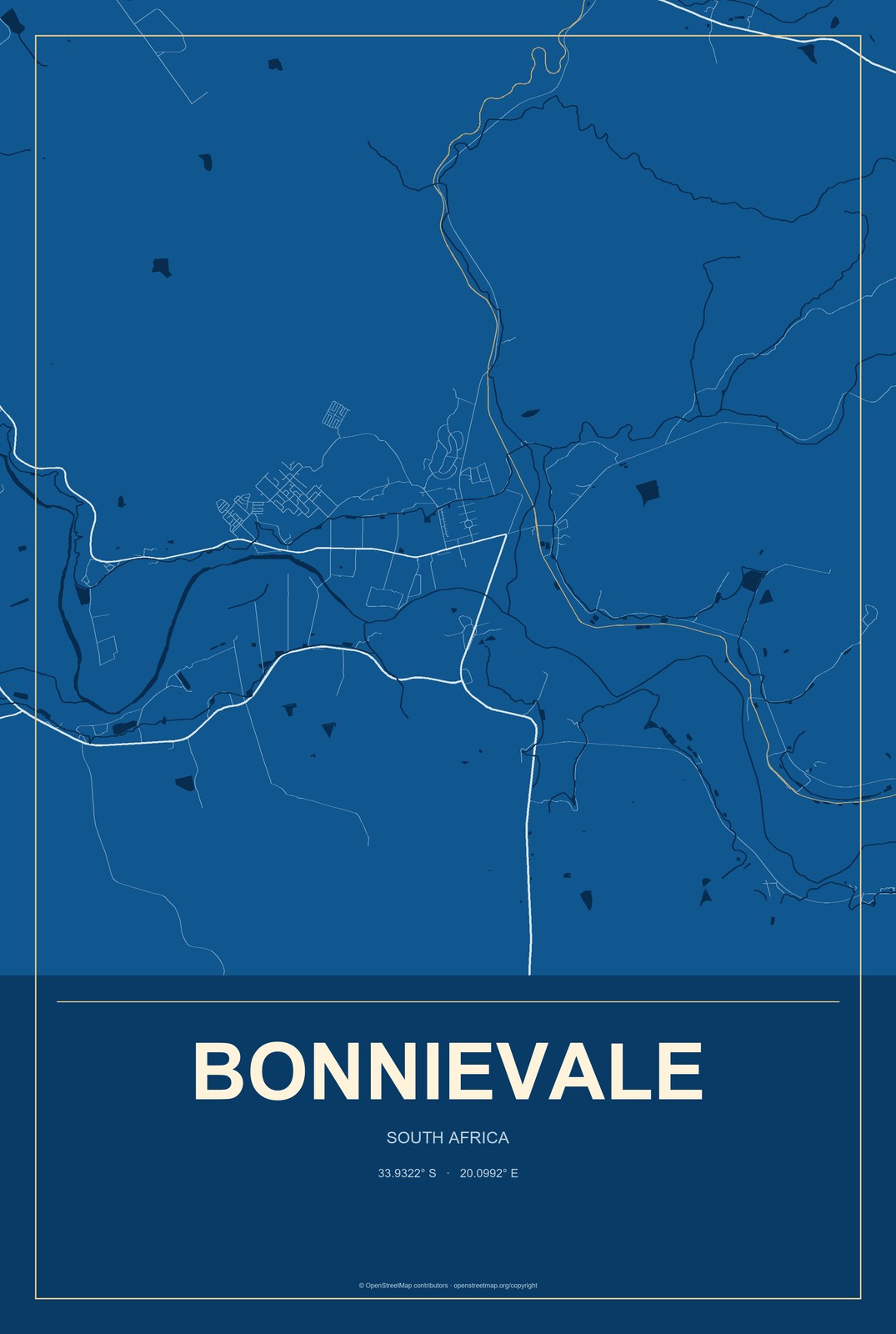 Bonnievale, South Africa City Map Aluminum Sign in Harbor Cobalt style