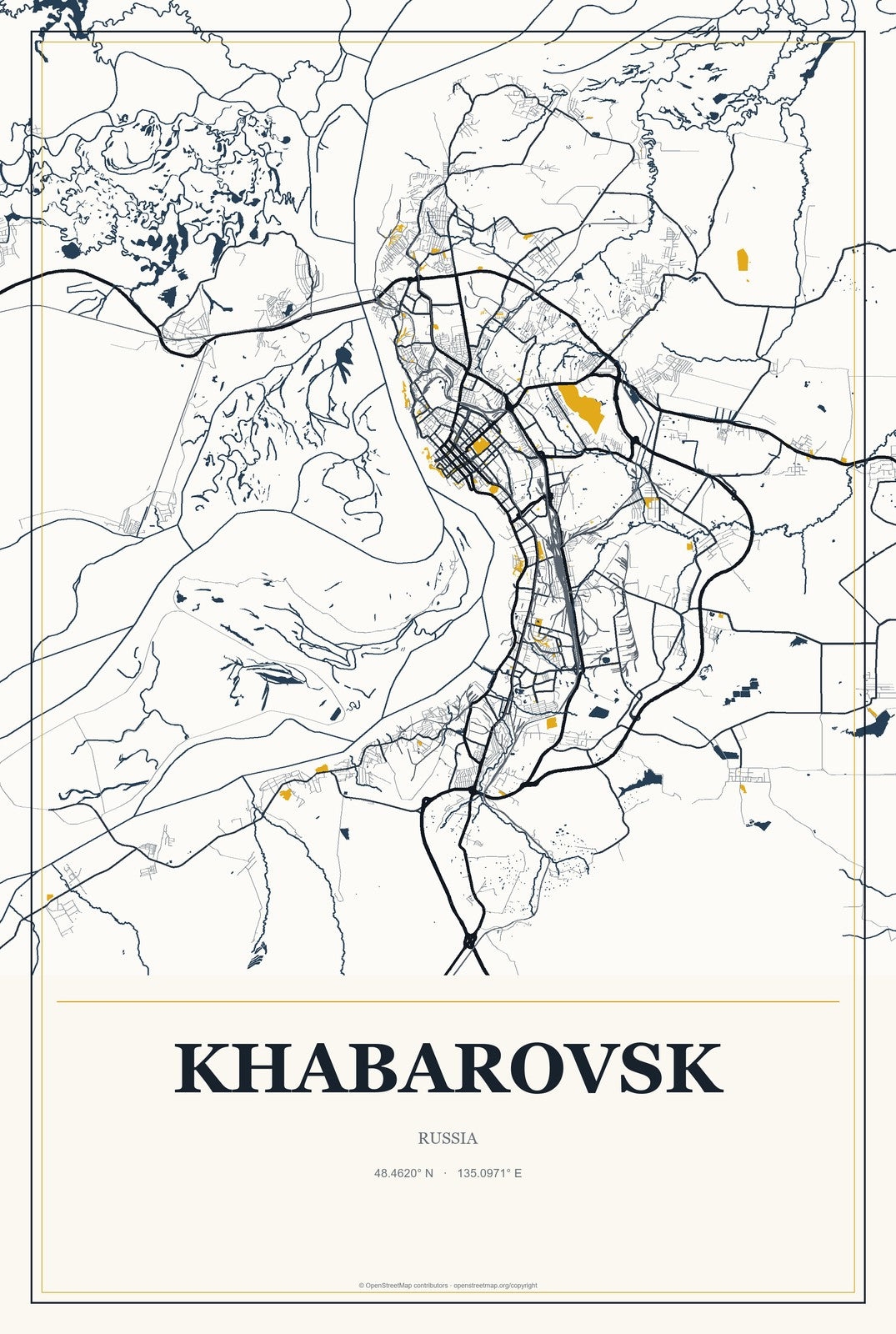 Khabarovsk, Russia City Map Aluminum Sign in Citrine Modern style