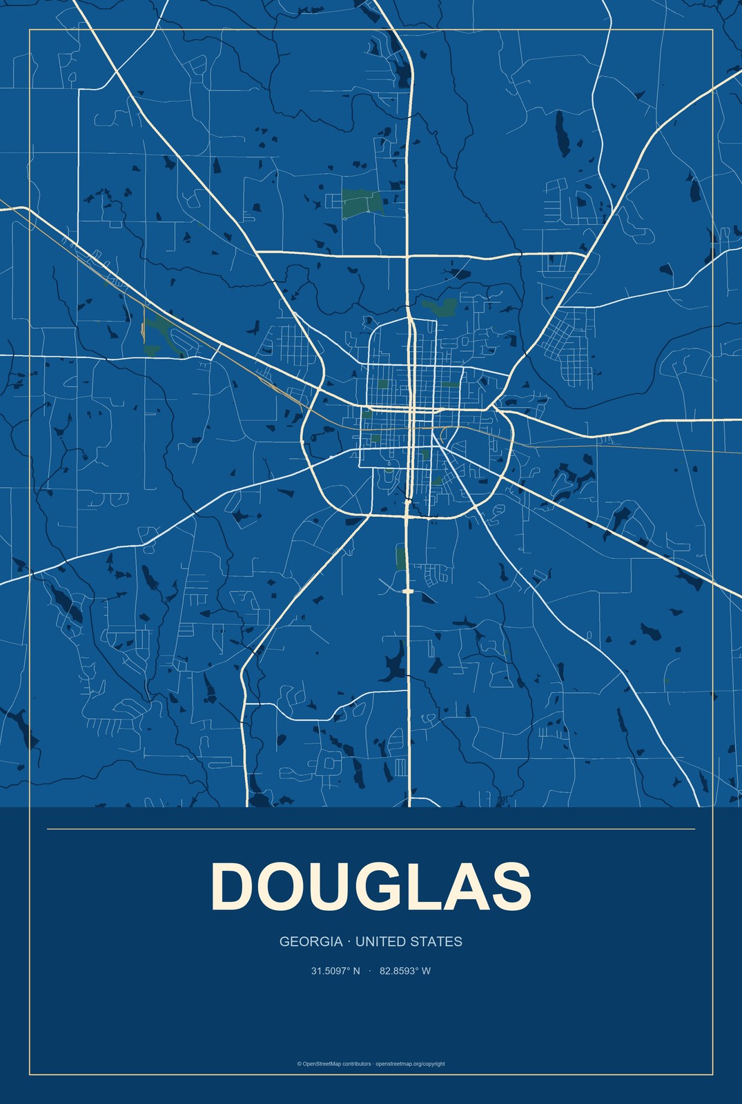 Douglas, Georgia City Map Aluminum Sign in Harbor Cobalt style