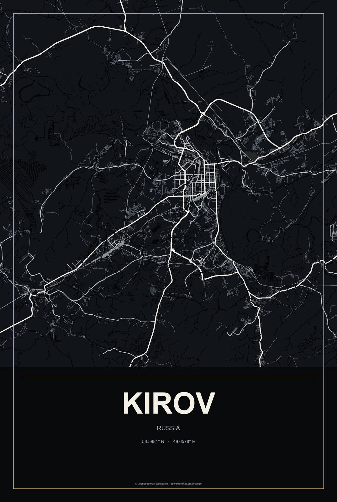 Kirov, Kirov Oblast, Russia City Map Aluminum Sign in Metropolitan Noir style