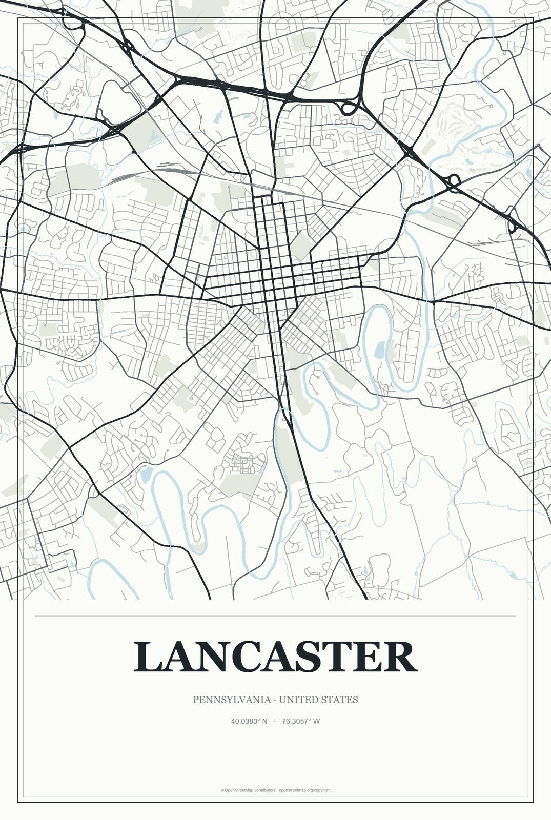 Lancaster, Pennsylvania City Map Aluminum Sign in Gallery Air style