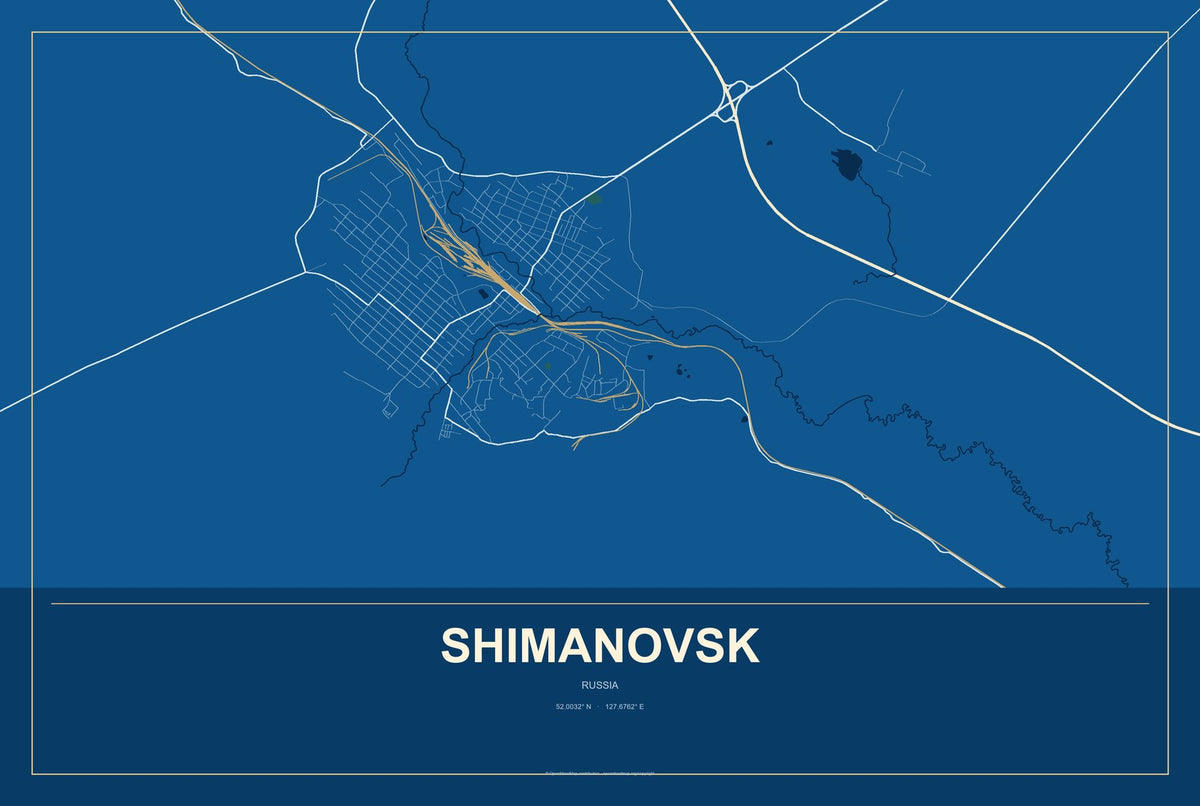 Shimanovsk, Russia City Map Aluminum Sign in Harbor Cobalt style