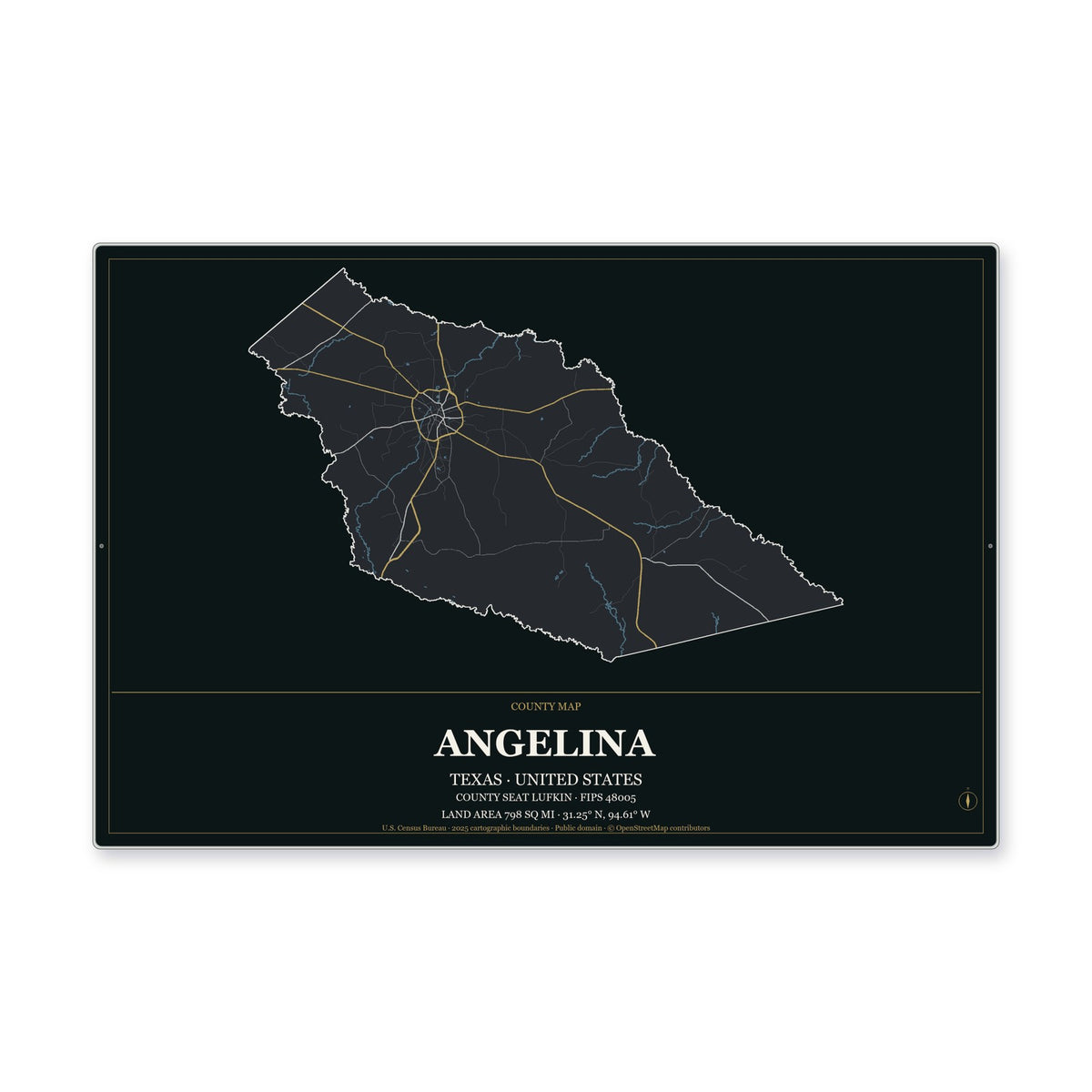 Angelina County, Texas Map Aluminum Sign in Metropolitan Noir style