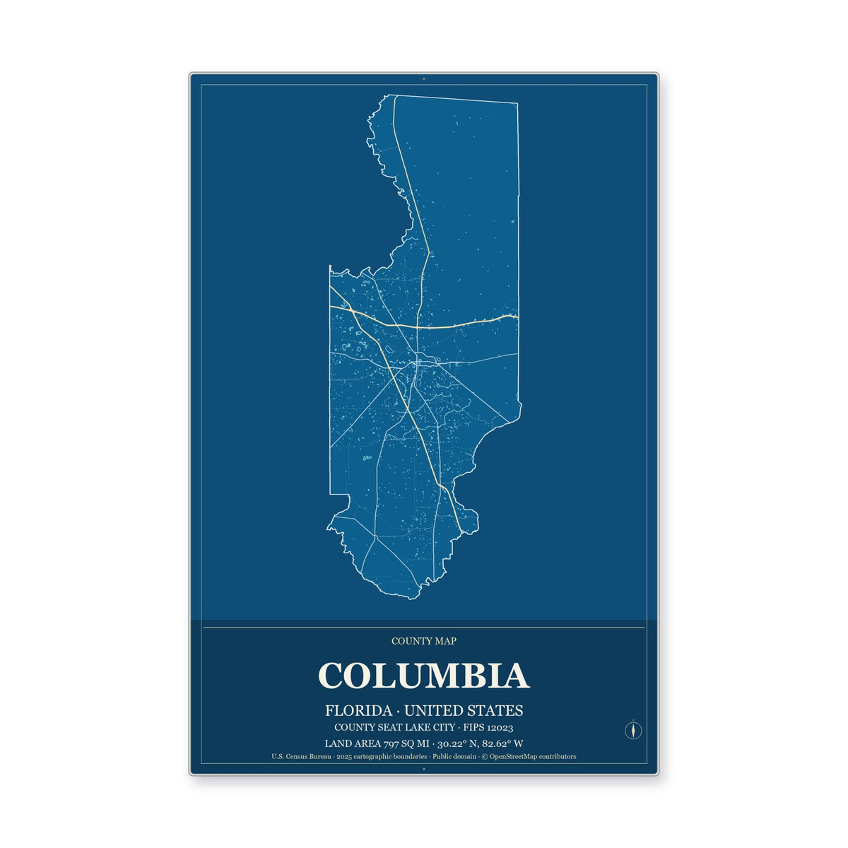 Columbia County, Florida Map Aluminum Sign in Harbor Cobalt style