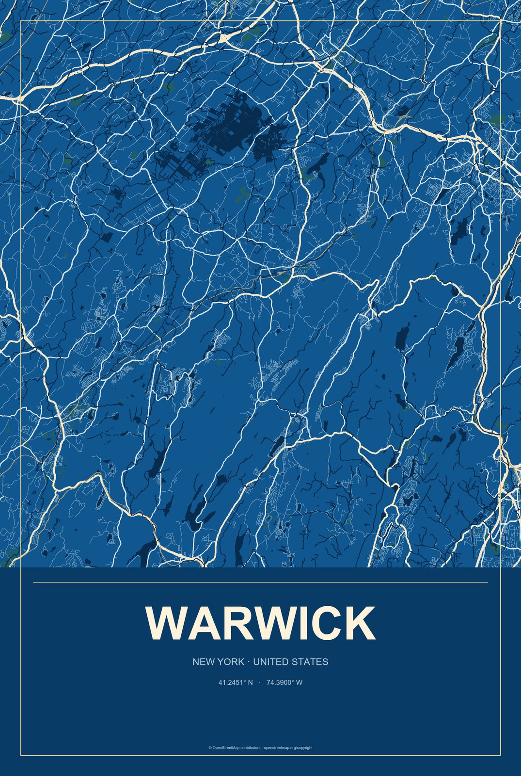 Warwick, New York City Map Aluminum Sign in Harbor Cobalt style