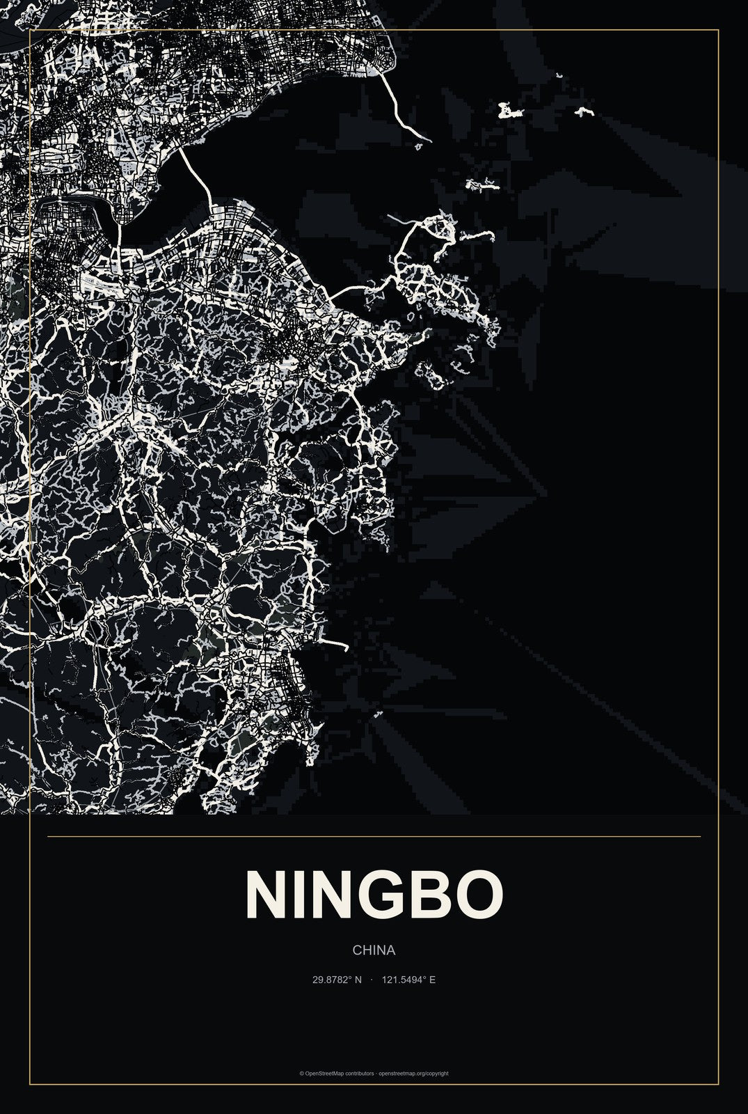 Ningbo, China City Map Aluminum Sign in Metropolitan Noir style