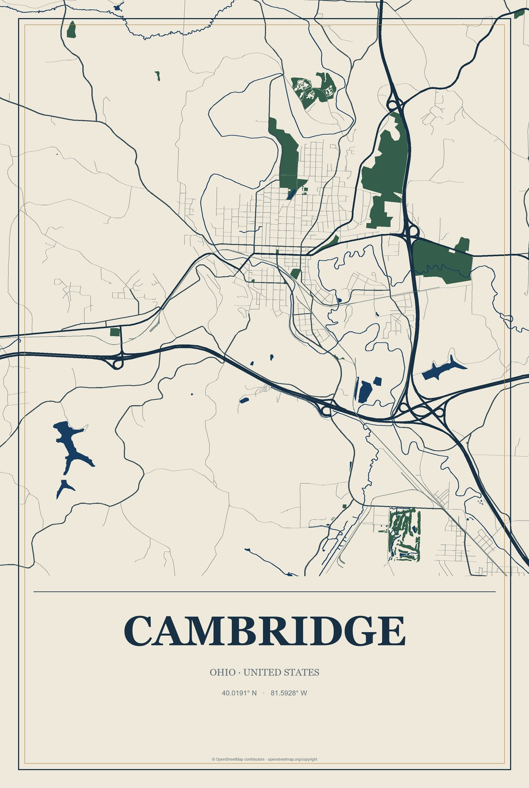 Cambridge, Ohio City Map Aluminum Sign in Coastal Cutout style