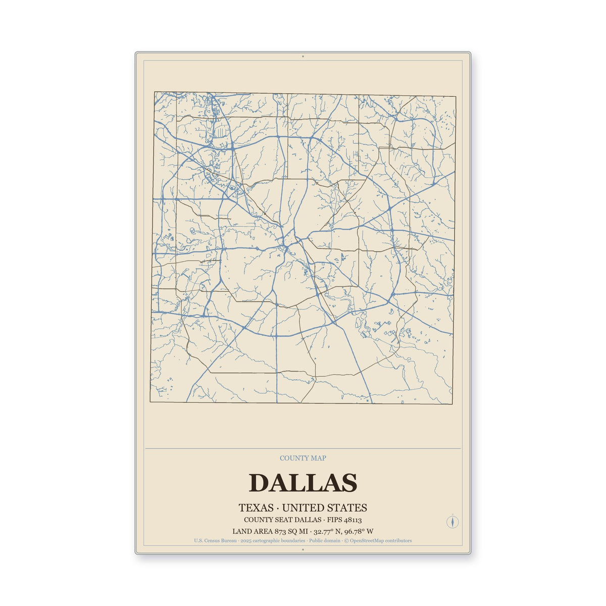 Dallas County, Texas Map Aluminum Sign in Heritage Nautical style