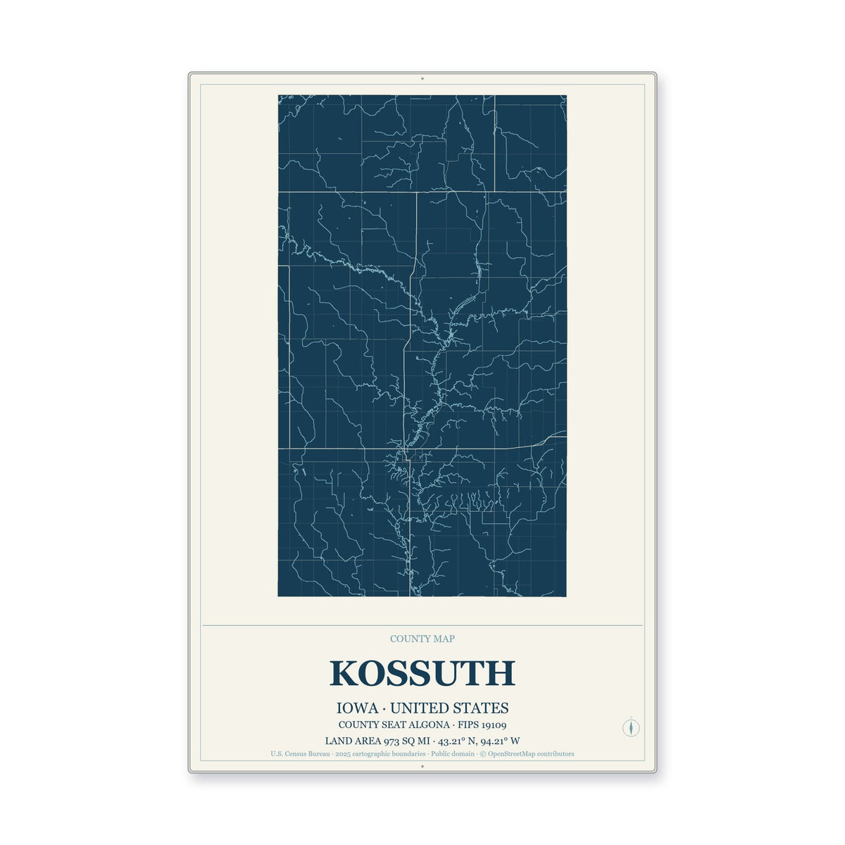Kossuth County, Iowa Map Aluminum Sign in Coastal Cutout style