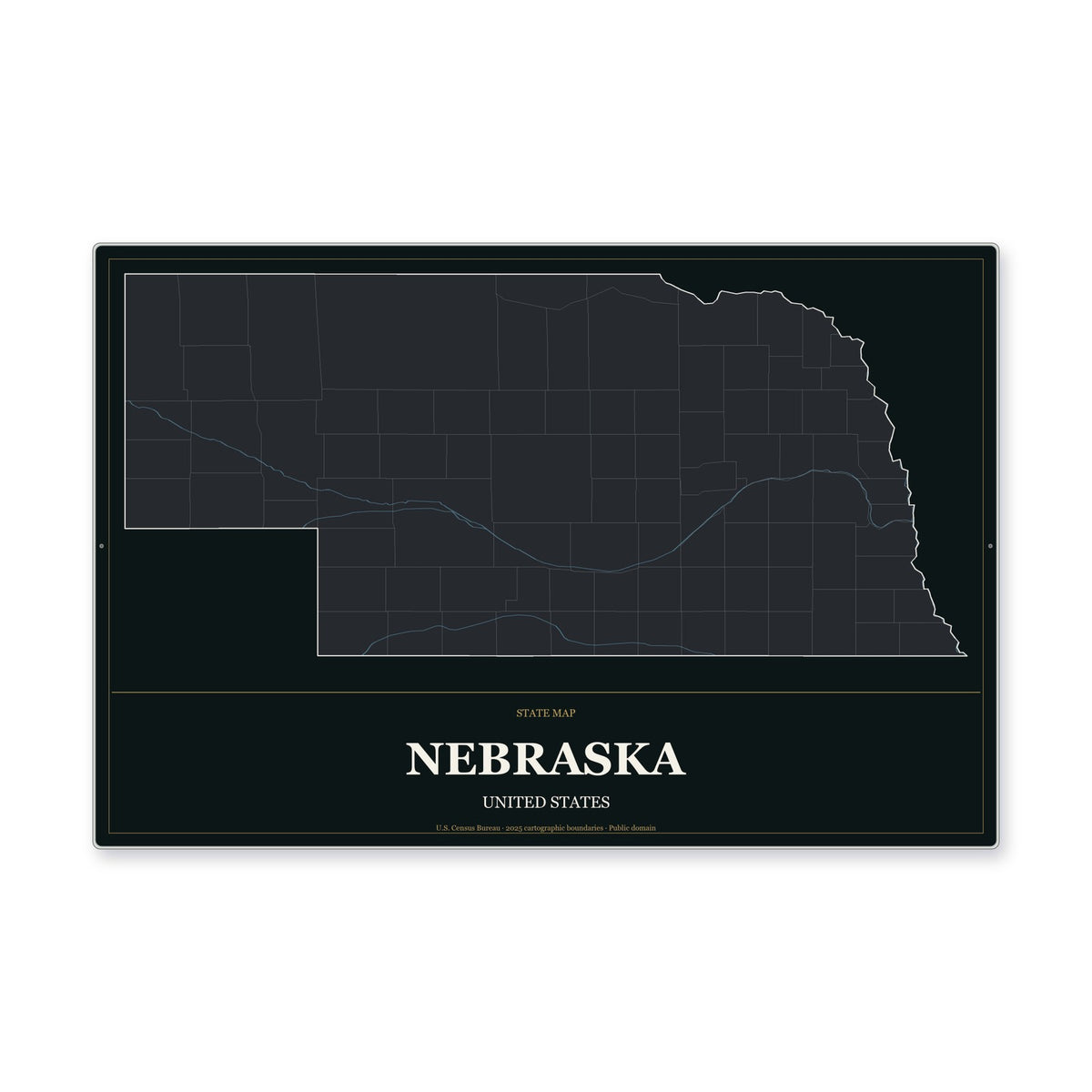 Nebraska state map aluminum sign in Metropolitan Noir style