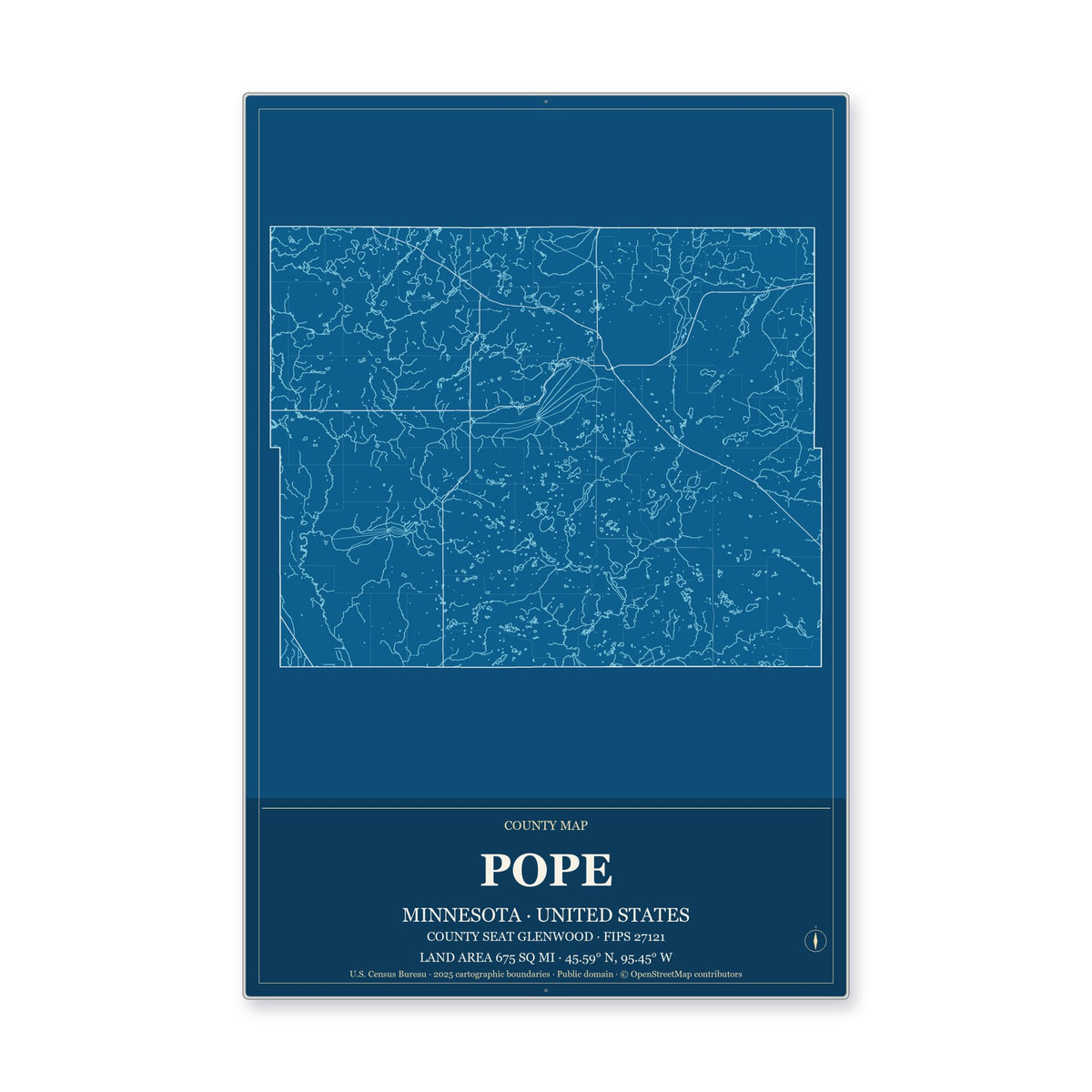 Pope County, Minnesota Map Aluminum Sign in Harbor Cobalt style
