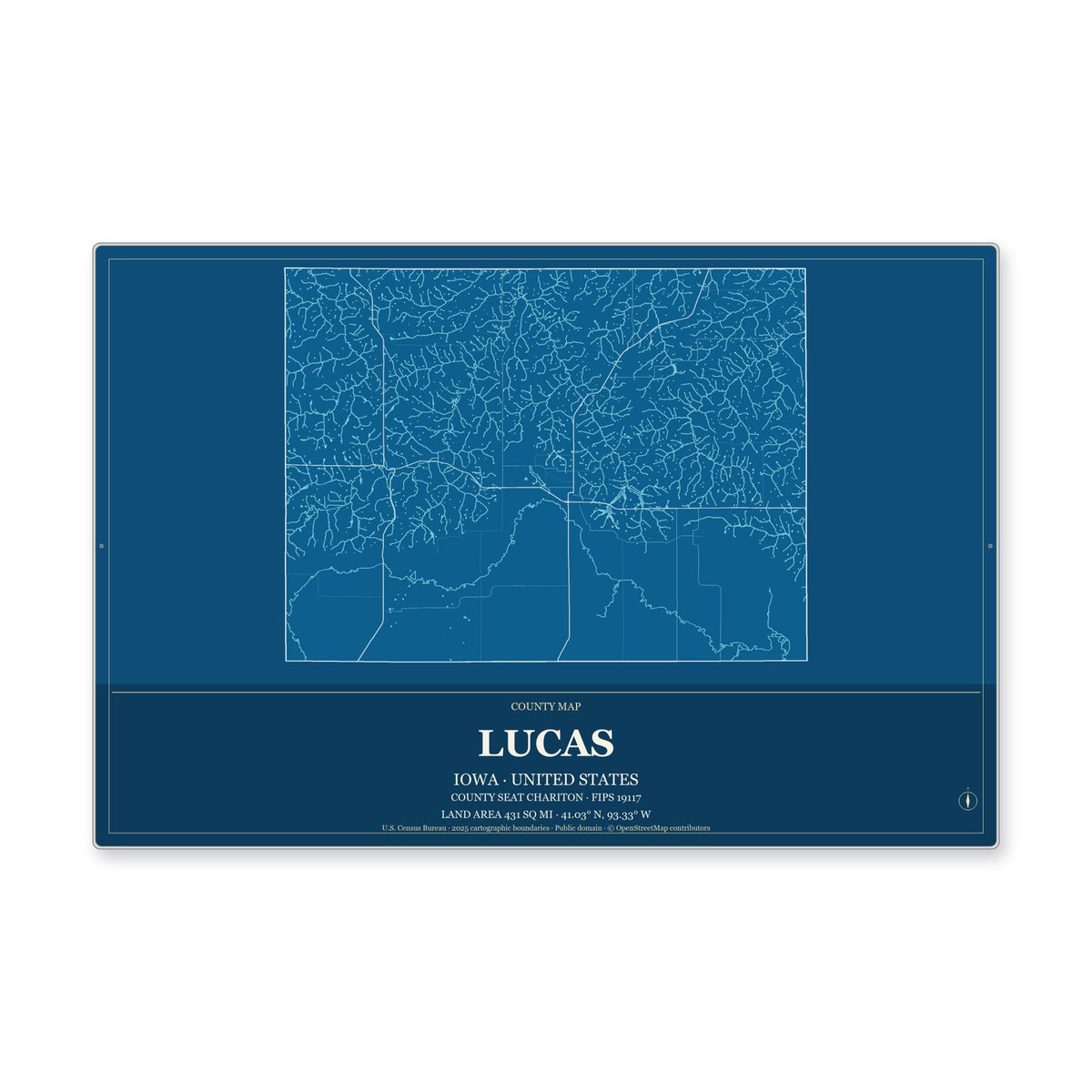 Lucas County, Iowa Map Aluminum Sign in Harbor Cobalt style