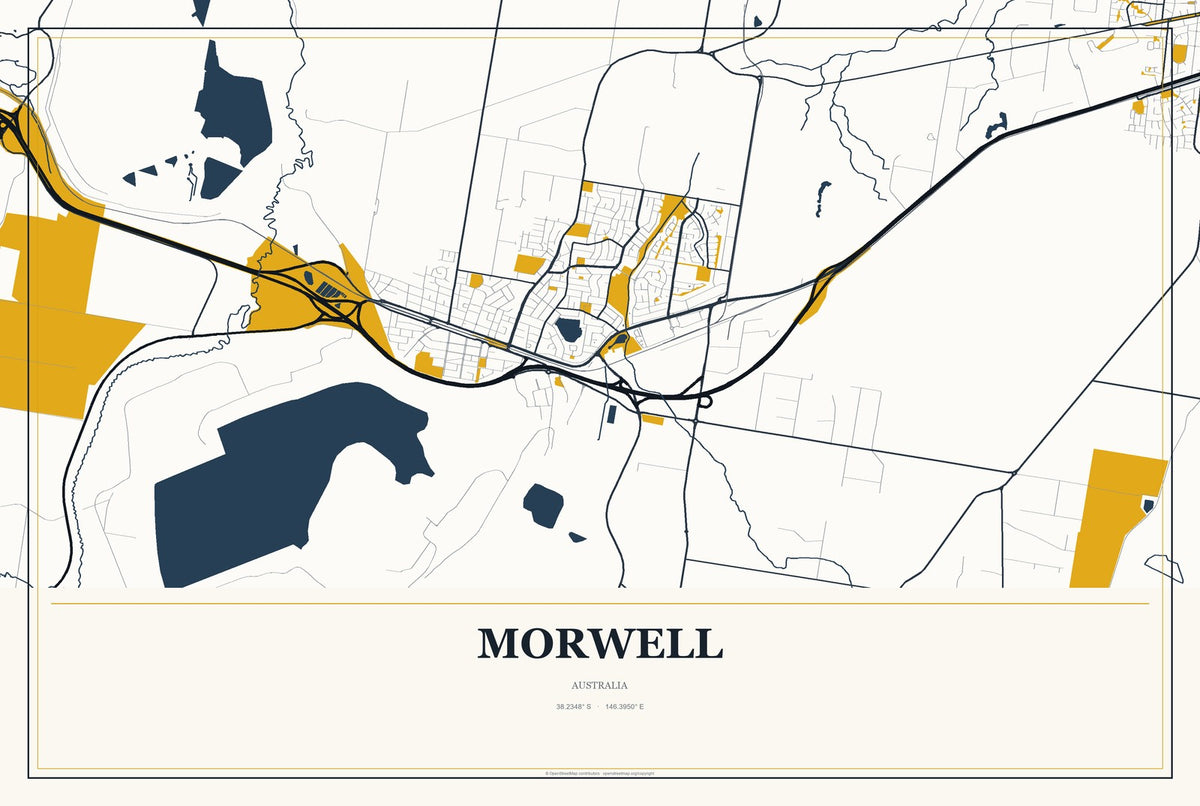 Morwell, Australia City Map Aluminum Sign in Citrine Modern style