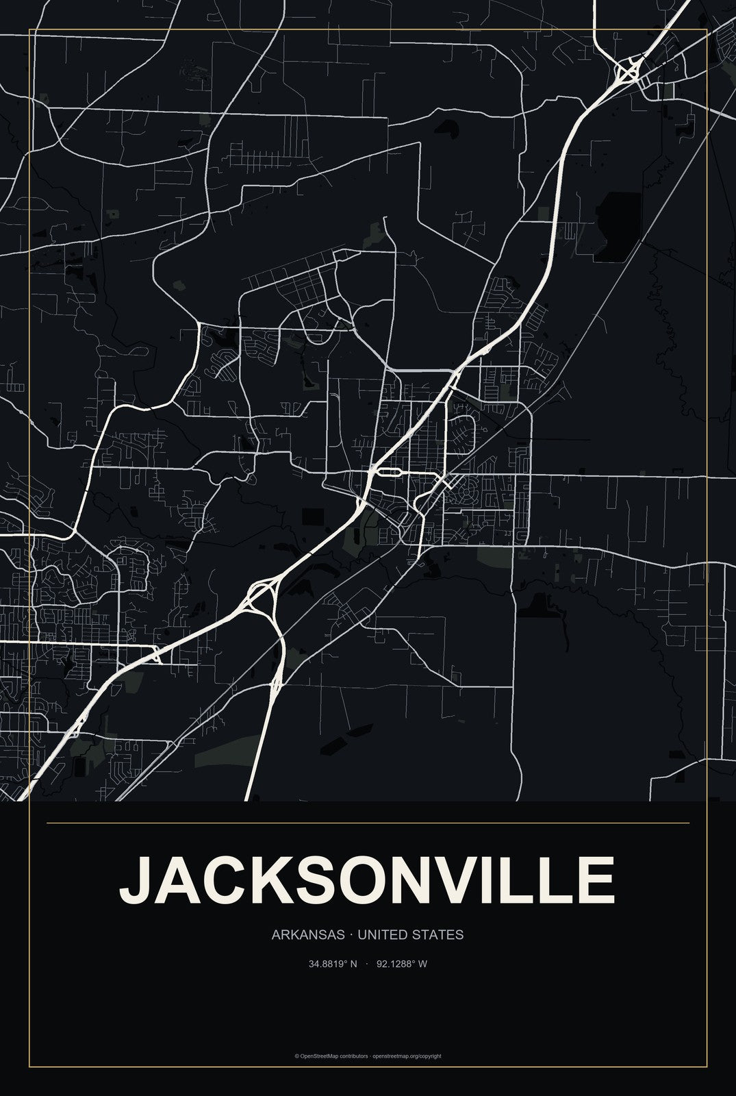 Jacksonville, Arkansas City Map Aluminum Sign in Metropolitan Noir style