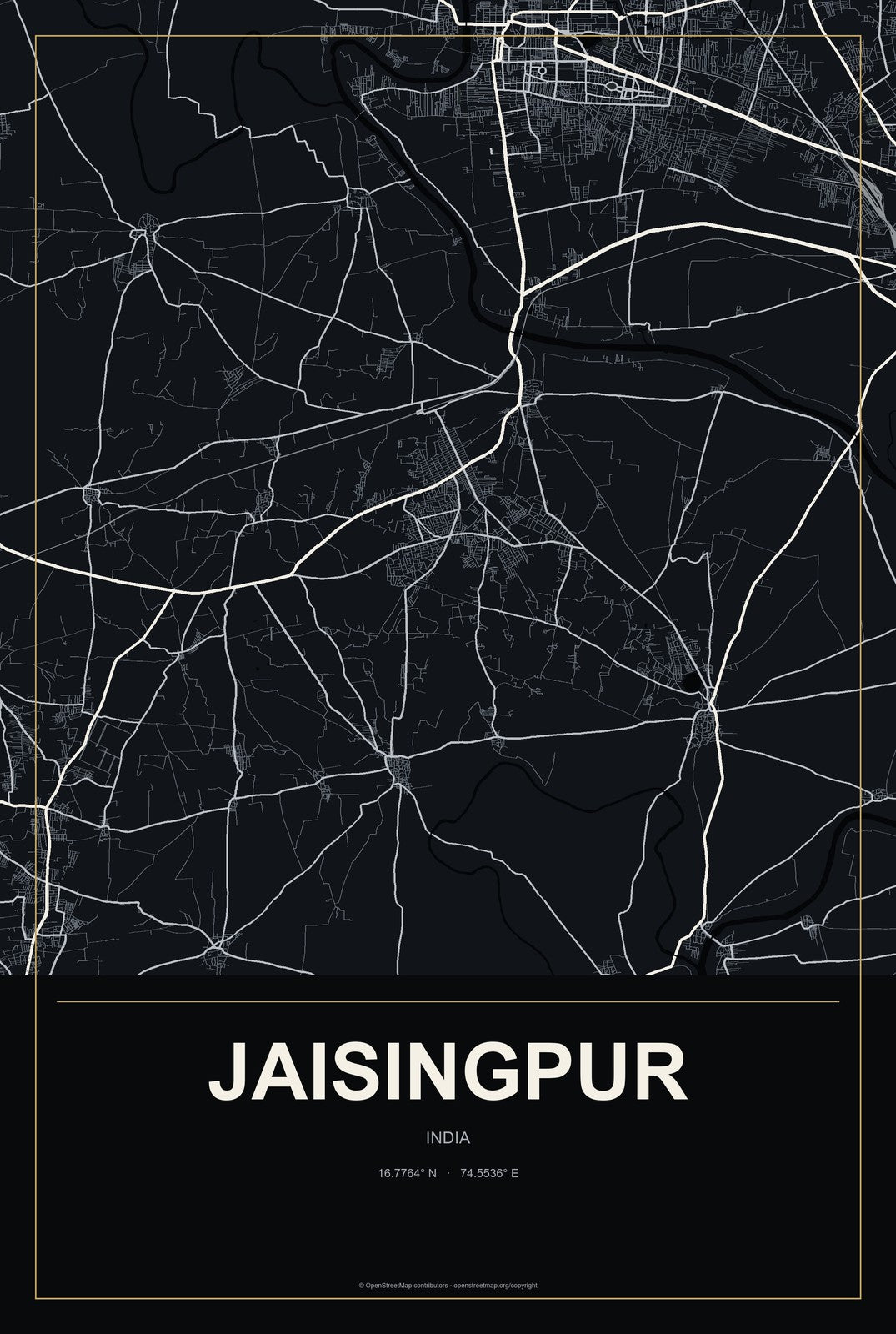 Jaisingpur, India City Map Aluminum Sign in Metropolitan Noir style