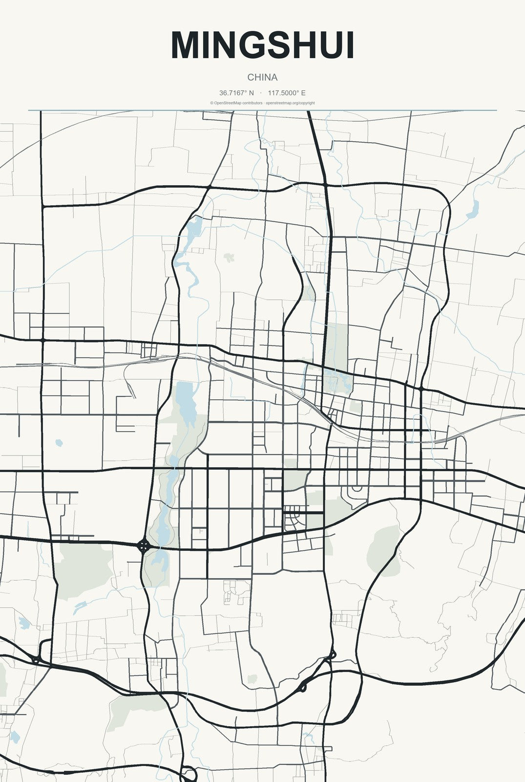 Mingshui, Shandong, China City Map Aluminum Sign in Headline Atlas style