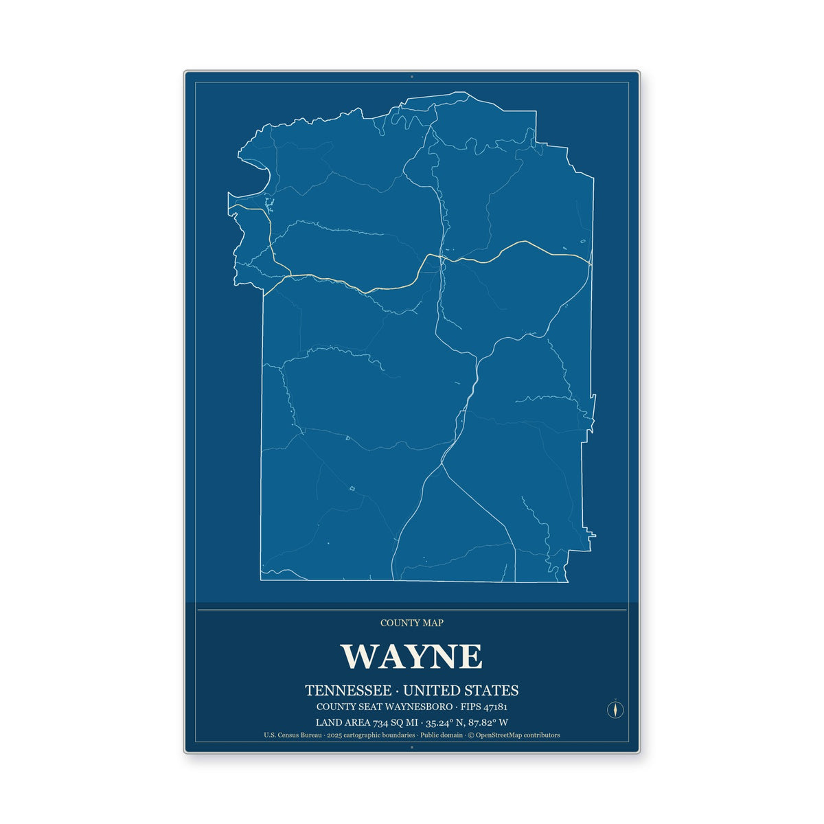 Wayne County, Tennessee Map Aluminum Sign in Harbor Cobalt style