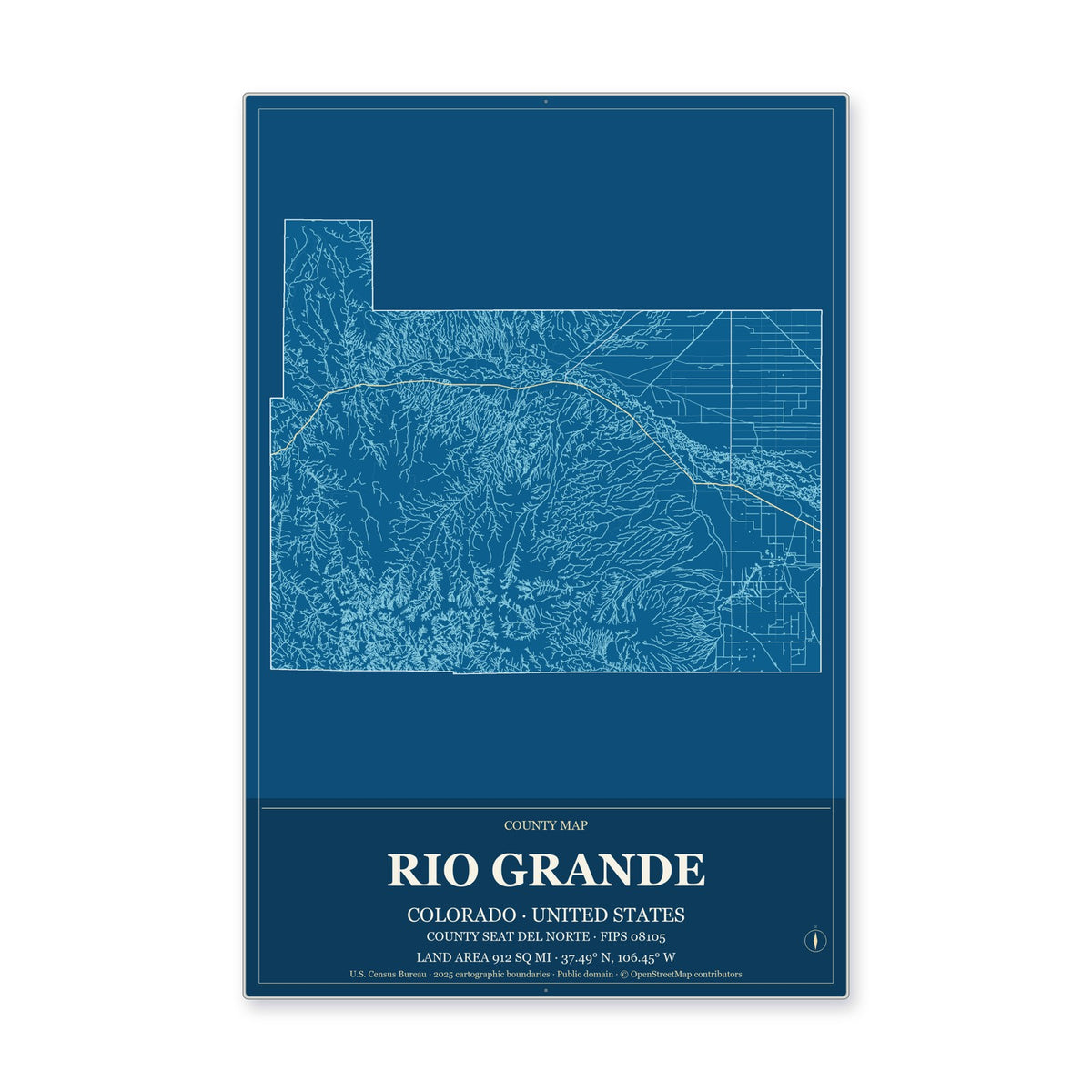 Rio Grande County, Colorado Map Aluminum Sign in Harbor Cobalt style