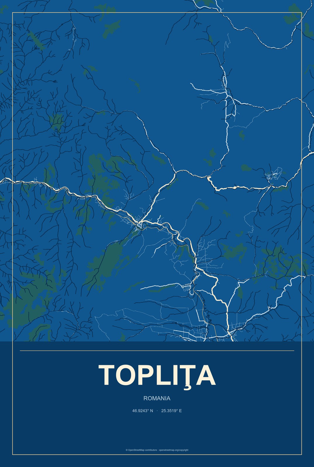 Topliţa, Romania City Map Aluminum Sign in Harbor Cobalt style