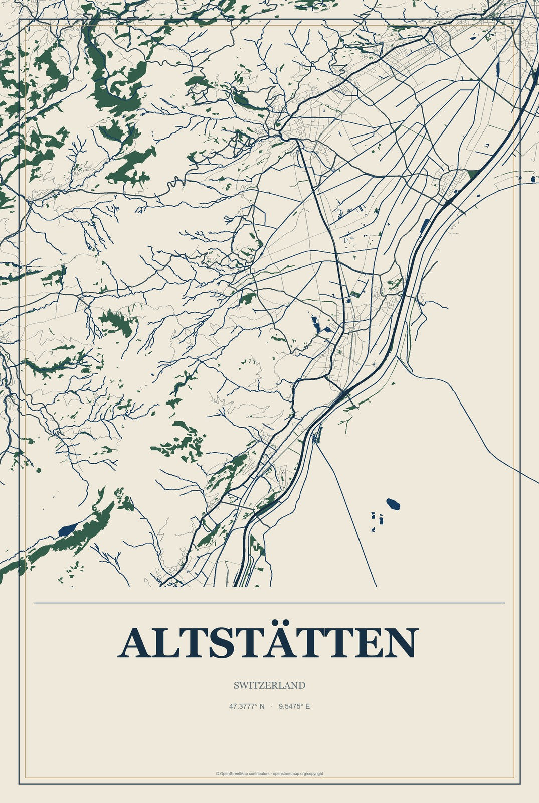Altstätten, Switzerland City Map Aluminum Sign in Coastal Cutout style