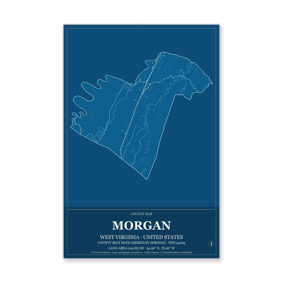Morgan County, West Virginia Map Aluminum Sign in Harbor Cobalt style