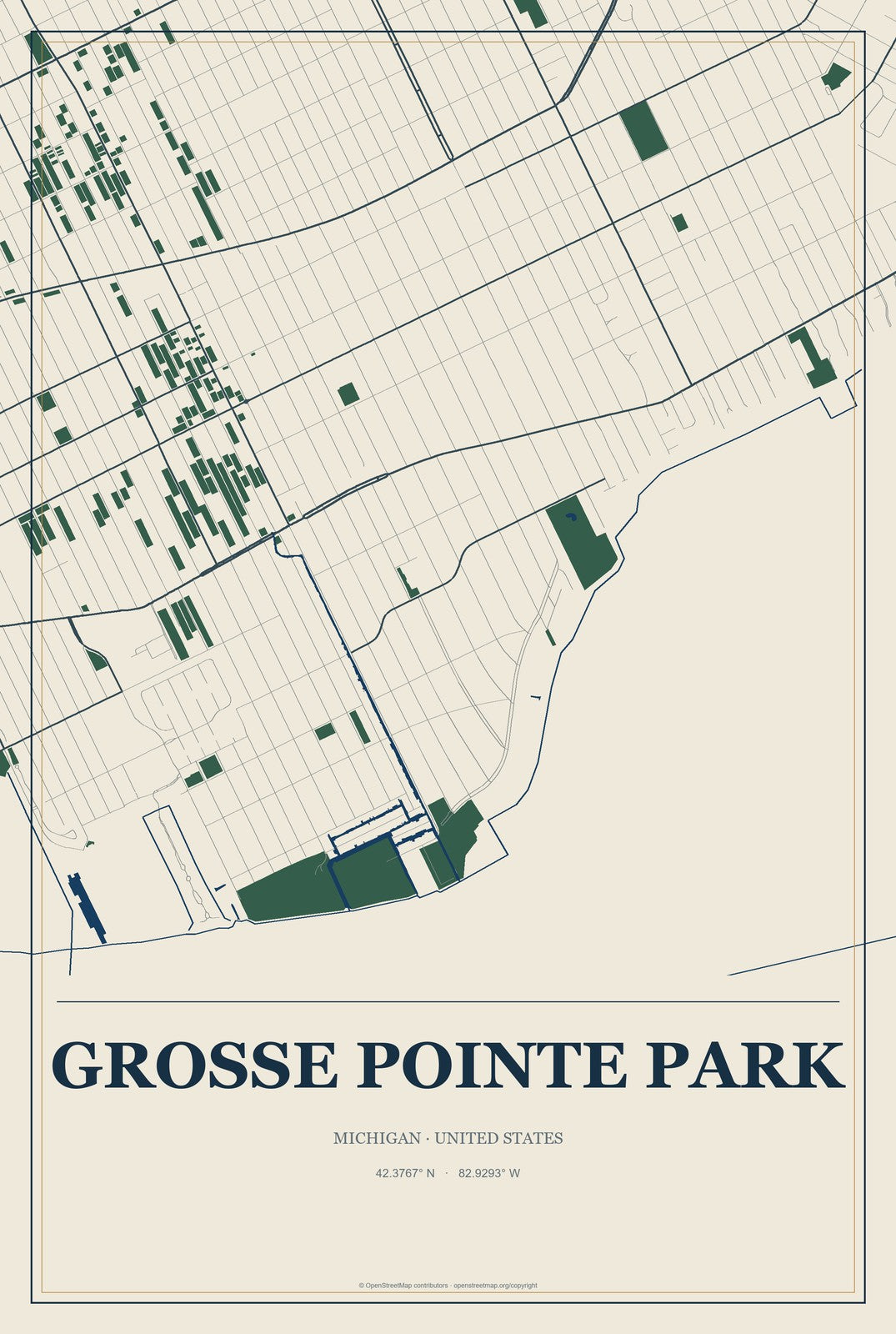 Grosse Pointe Park, Michigan City Map Aluminum Sign in Coastal Cutout style