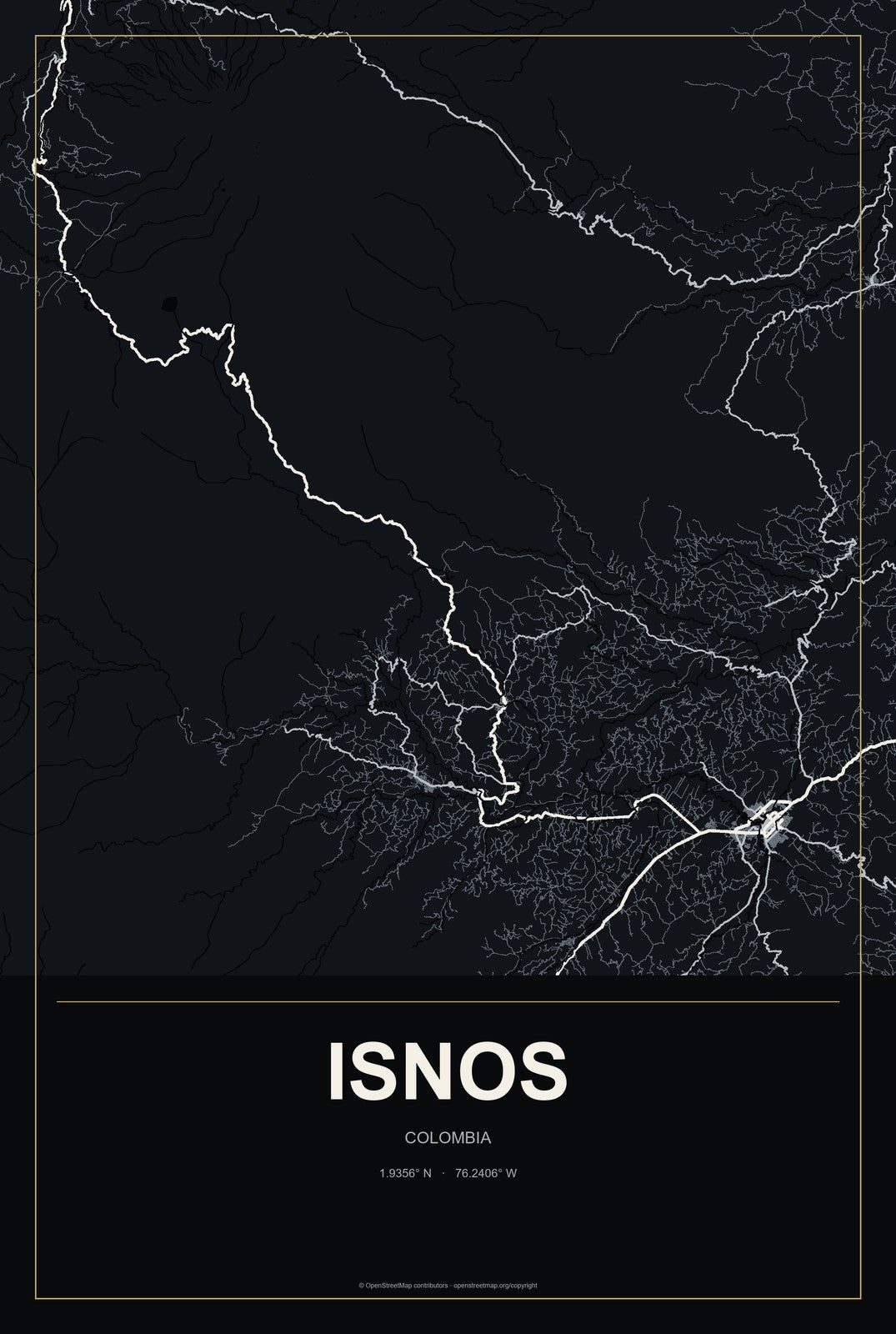 Isnos, Colombia City Map Aluminum Sign in Metropolitan Noir style