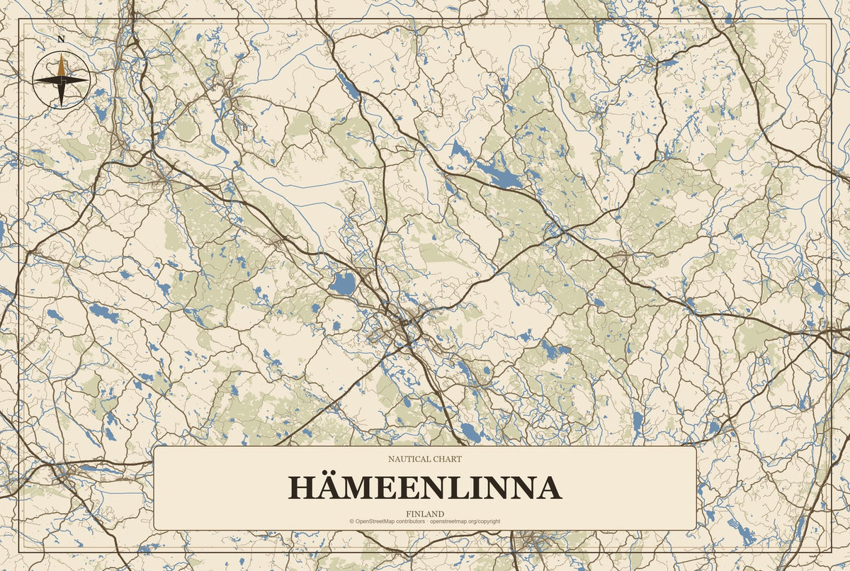 Hämeenlinna, Finland City Map Aluminum Sign in Heritage Nautical style