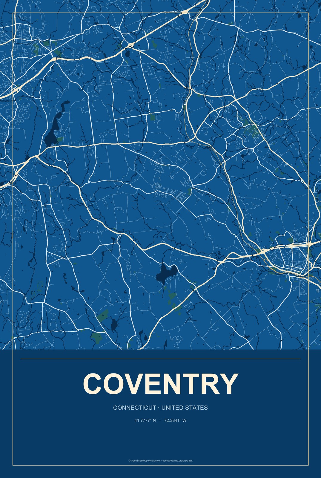 Coventry, Connecticut City Map Aluminum Sign in Harbor Cobalt style