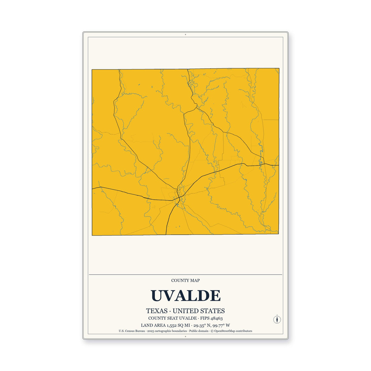 Uvalde County, Texas Map Aluminum Sign in Citrine Modern style