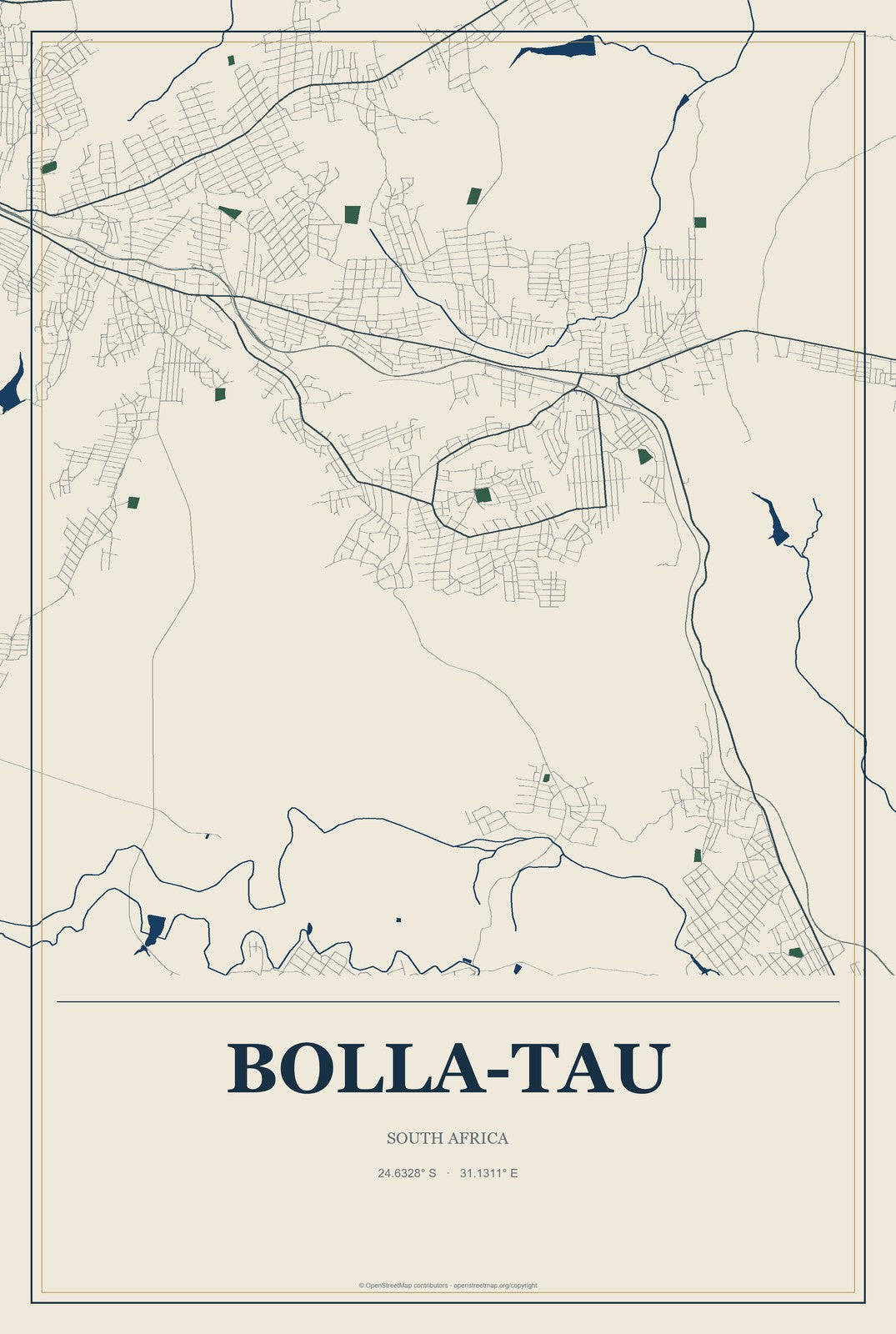 Bolla-Tau, South Africa City Map Aluminum Sign in Coastal Cutout style
