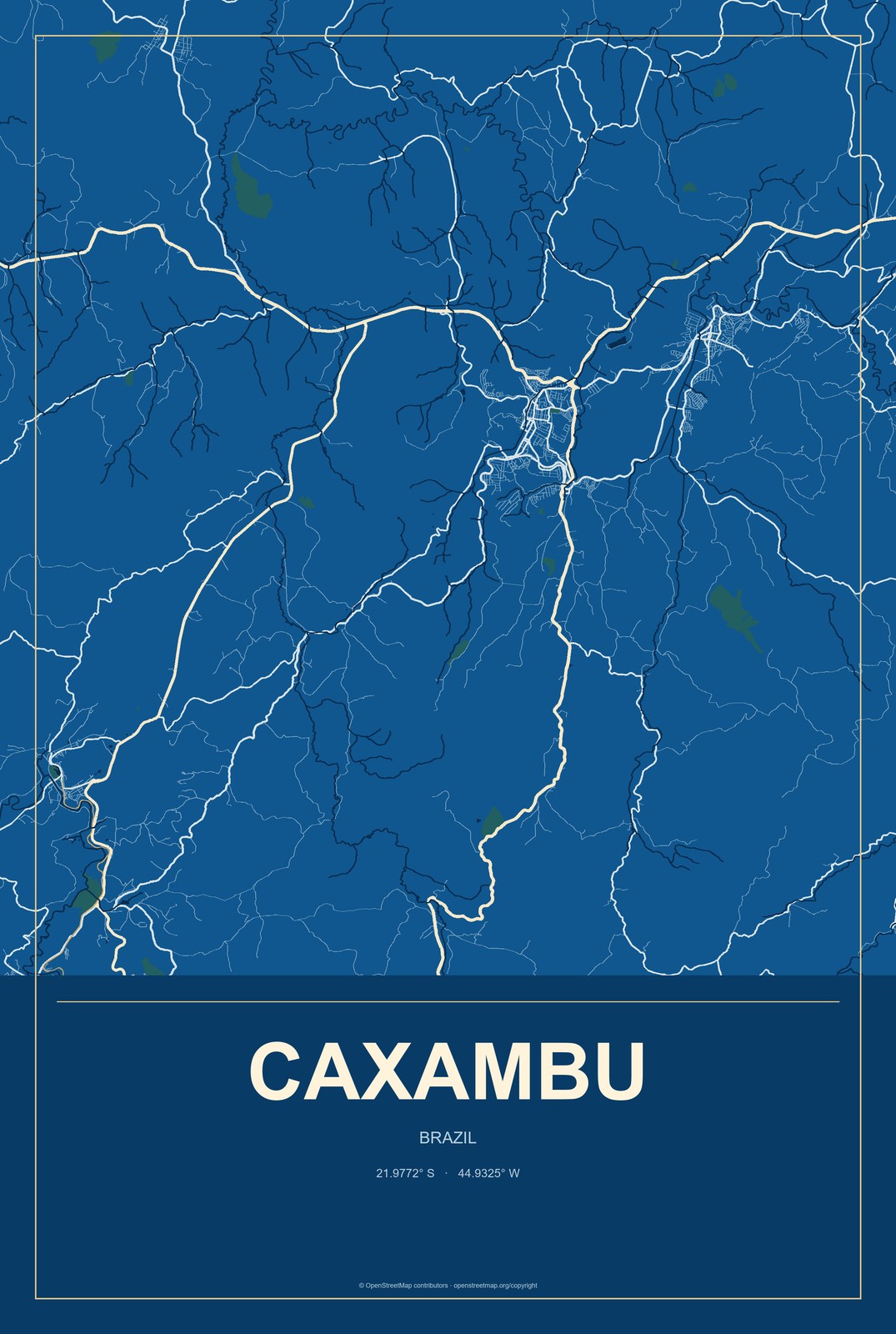 Caxambu, Brazil City Map Aluminum Sign in Harbor Cobalt style