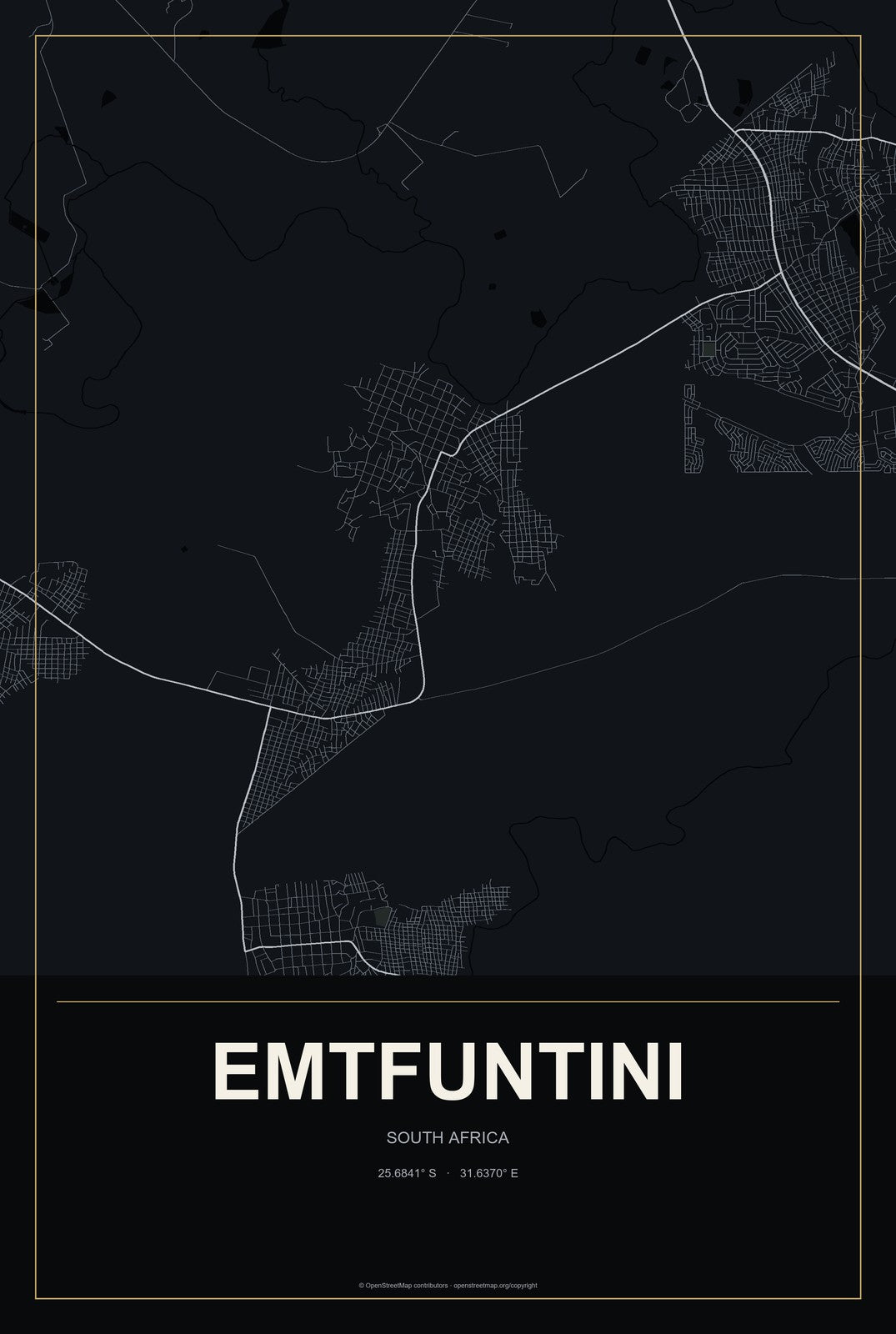Emtfuntini, South Africa City Map Aluminum Sign in Metropolitan Noir style