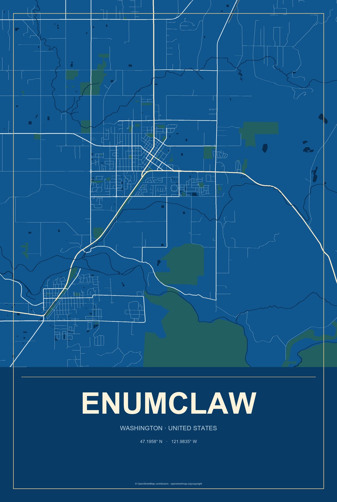 Enumclaw, Washington City Map Aluminum Sign in Harbor Cobalt style