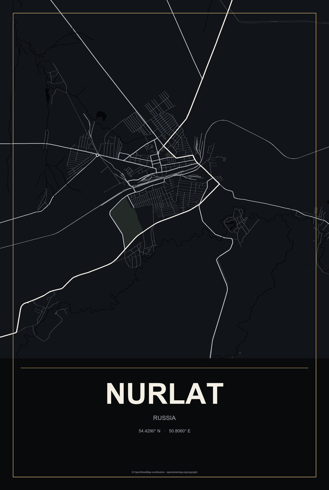 Nurlat, Russia City Map Aluminum Sign in Metropolitan Noir style