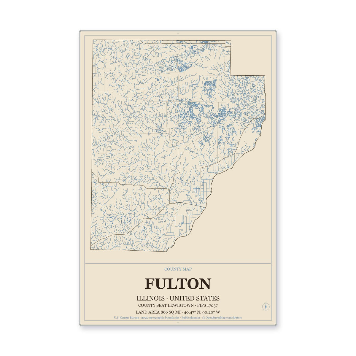 Fulton County, Illinois Map Aluminum Sign in Heritage Nautical style