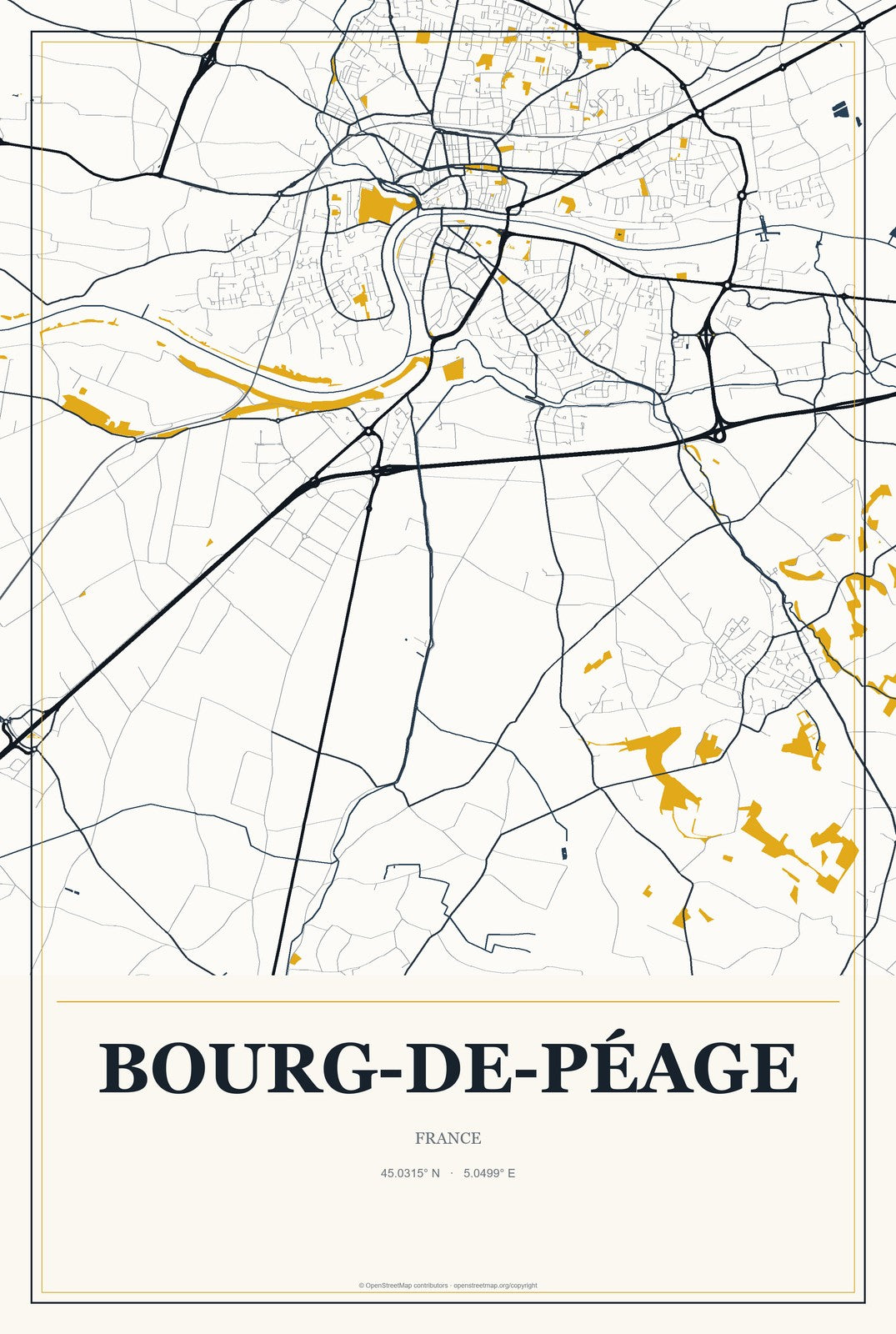 Bourg-de-Péage, France City Map Aluminum Sign in Citrine Modern style