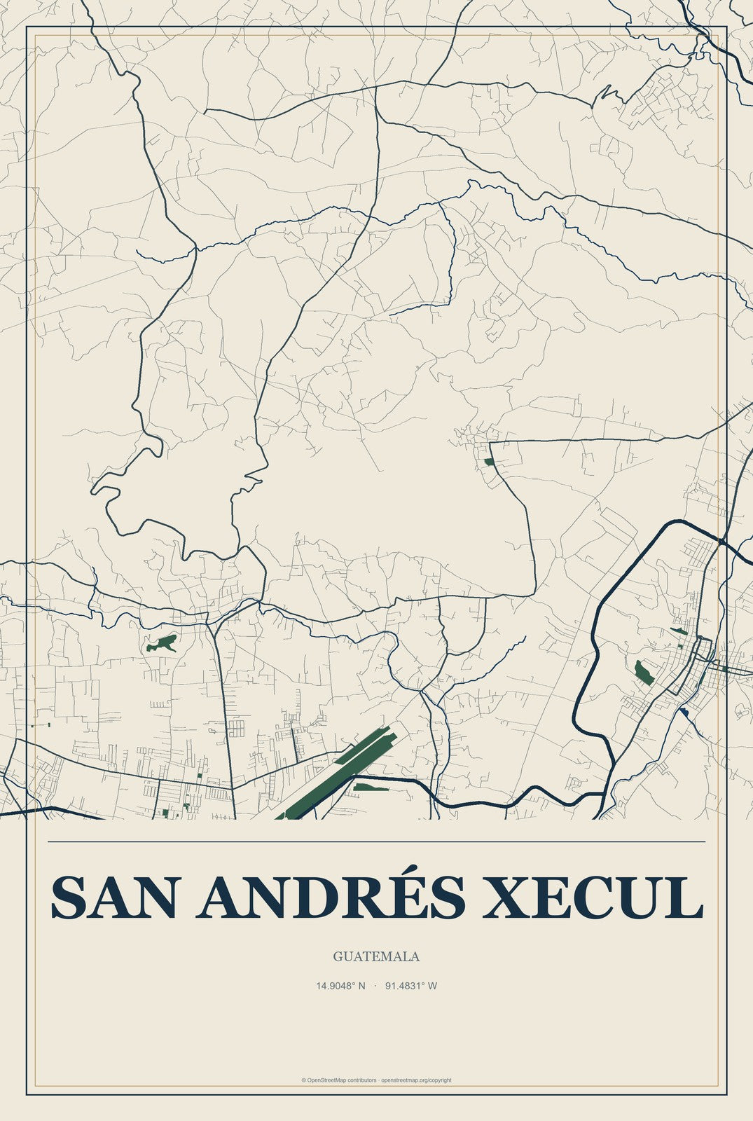 San Andrés Xecul, Guatemala City Map Aluminum Sign in Coastal Cutout style