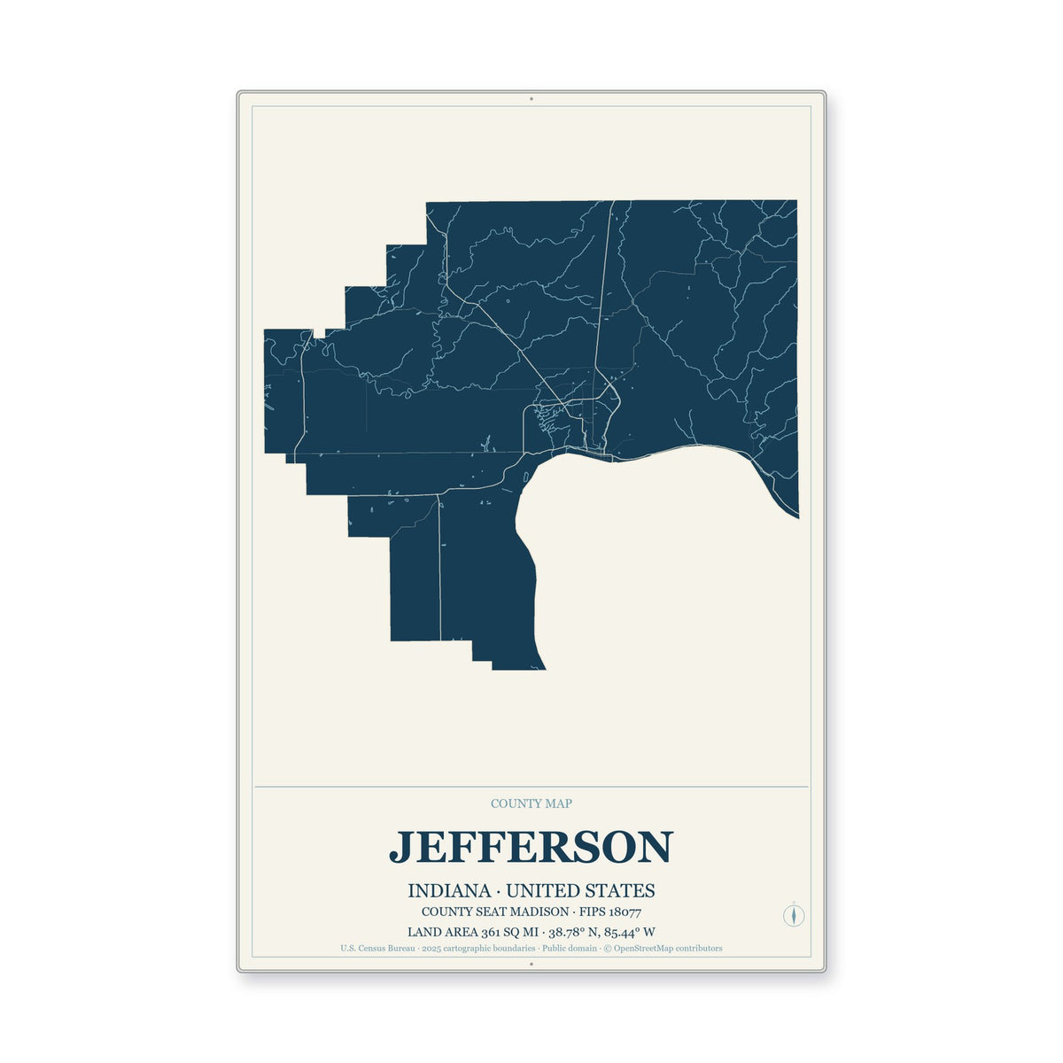 Jefferson County, Indiana Map Aluminum Sign in Coastal Cutout style