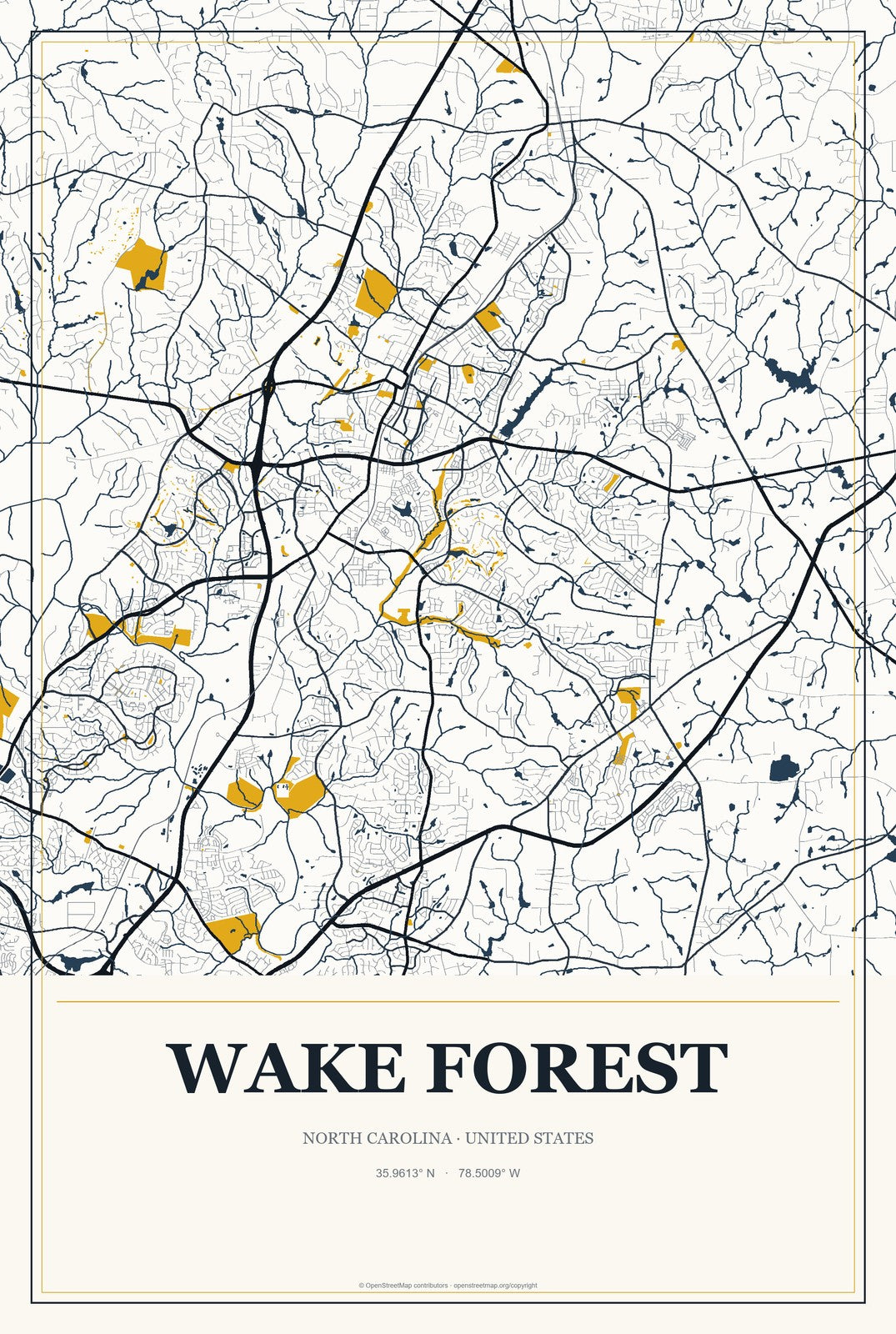 Wake Forest, North Carolina City Map Aluminum Sign in Citrine Modern style