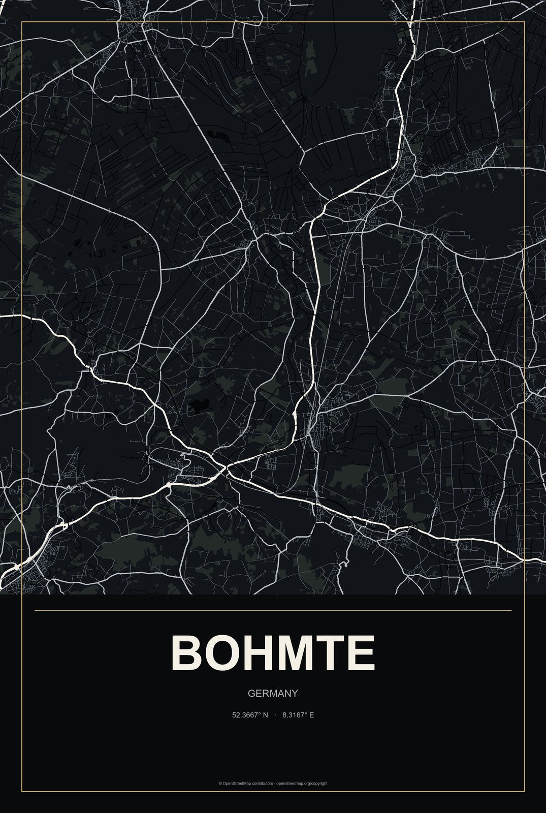 Bohmte, Germany City Map Aluminum Sign in Metropolitan Noir style