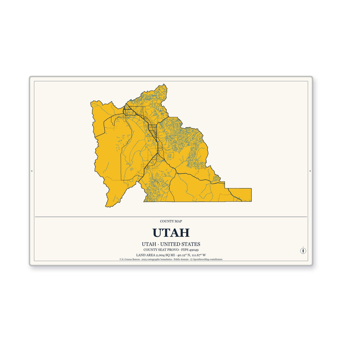 Utah County, Utah Map Aluminum Sign in Citrine Modern style