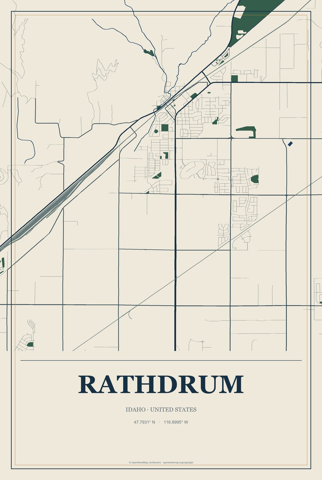 Rathdrum, Idaho City Map Aluminum Sign in Coastal Cutout style