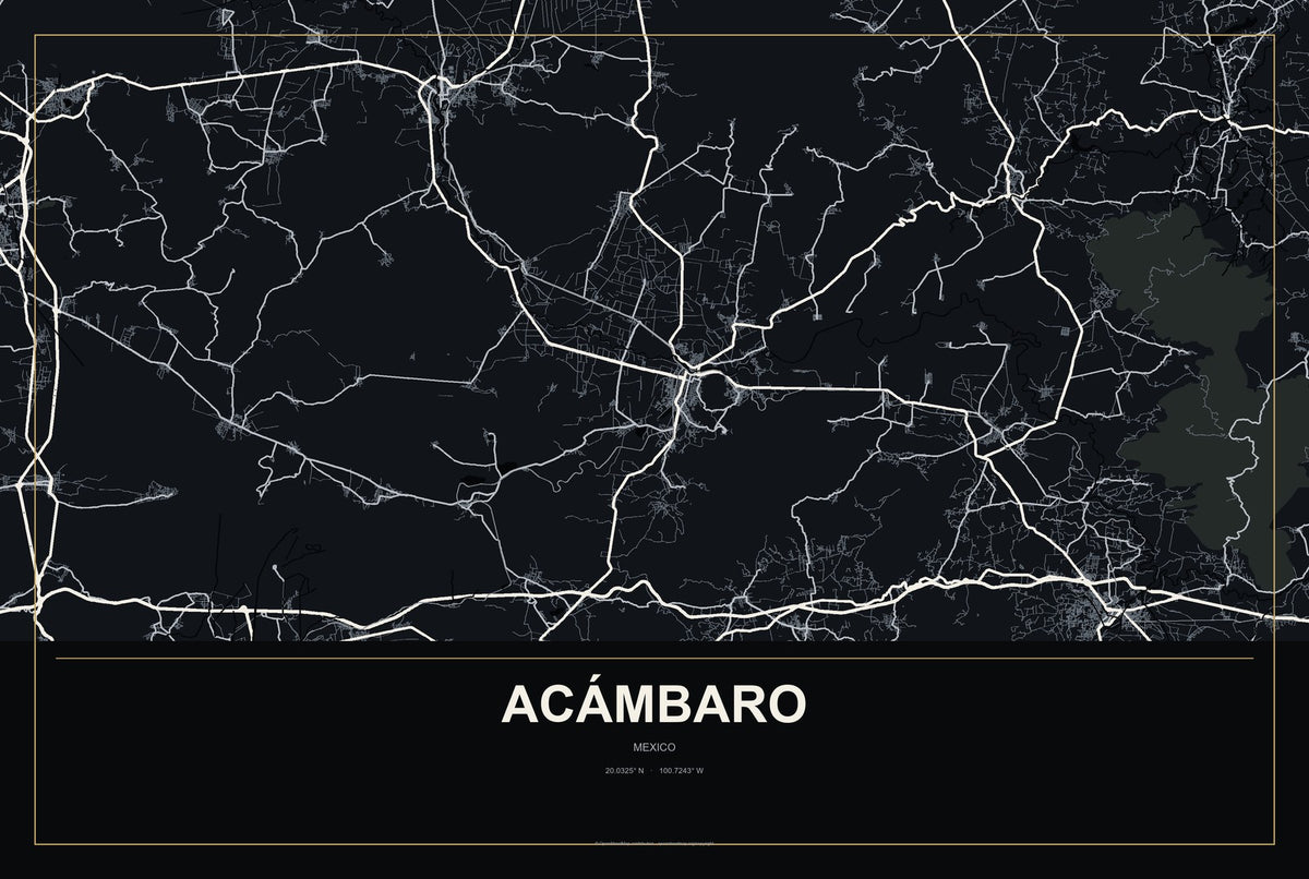 Acámbaro, Mexico City Map Aluminum Sign in Metropolitan Noir style