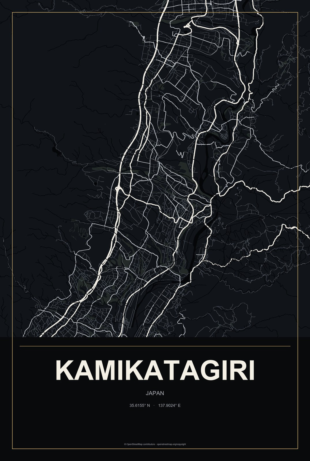 Kamikatagiri, Japan City Map Aluminum Sign in Metropolitan Noir style