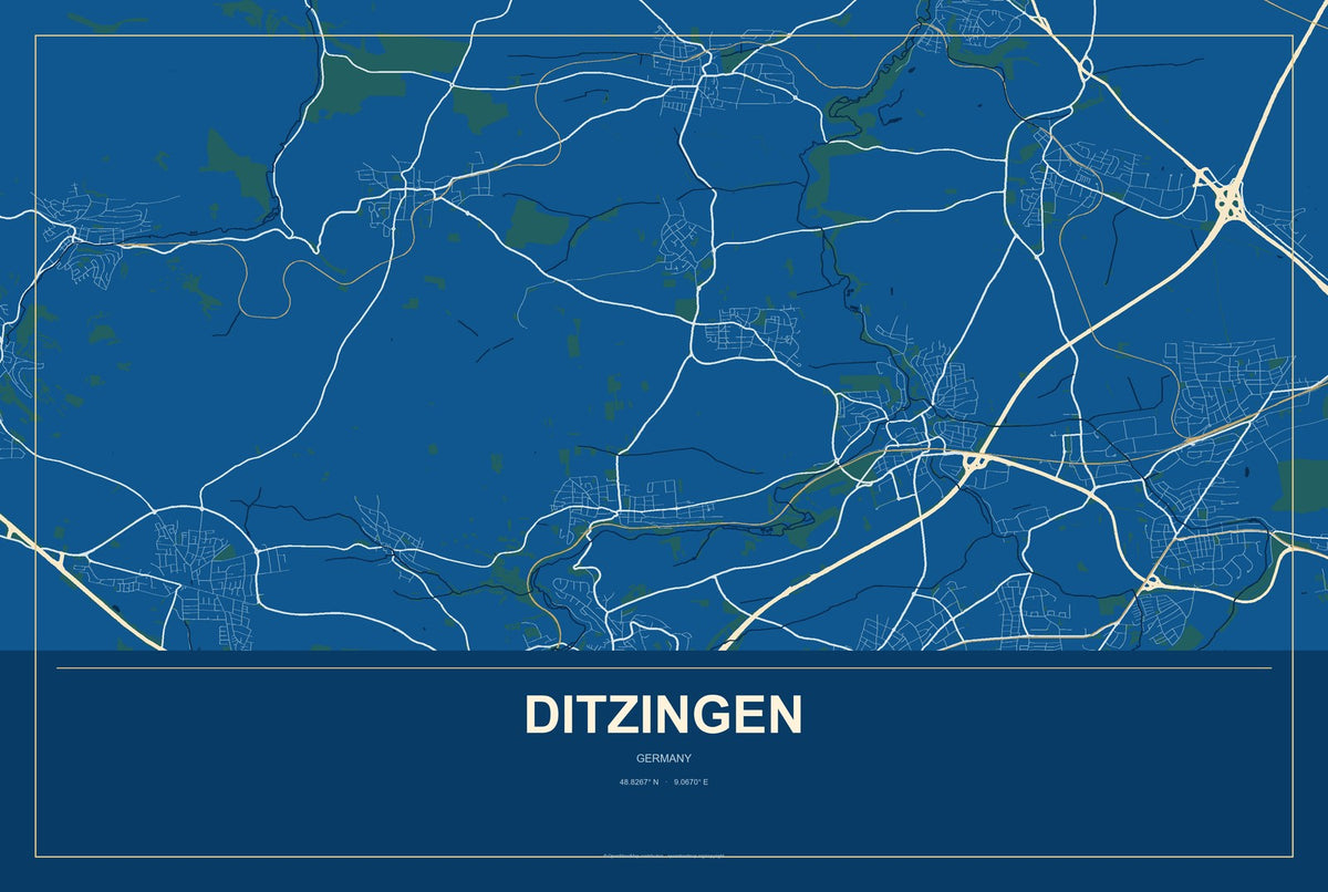 Ditzingen, Germany City Map Aluminum Sign in Harbor Cobalt style