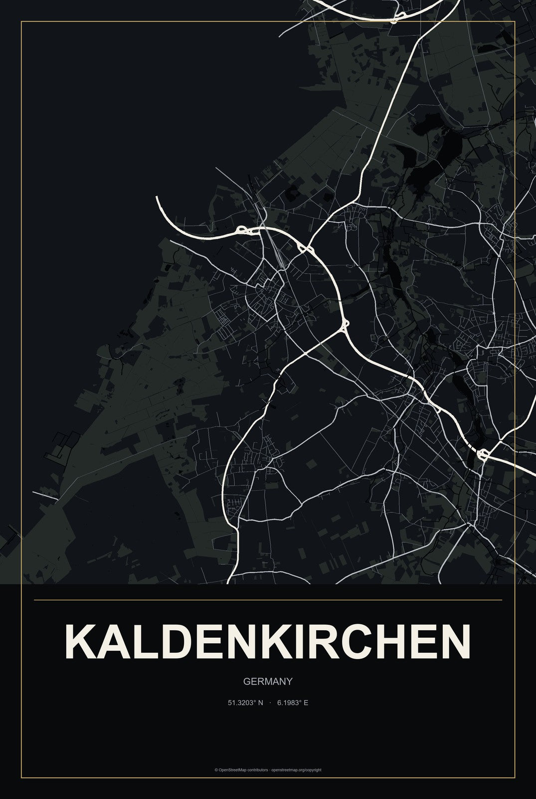 Kaldenkirchen, Germany City Map Aluminum Sign in Metropolitan Noir style