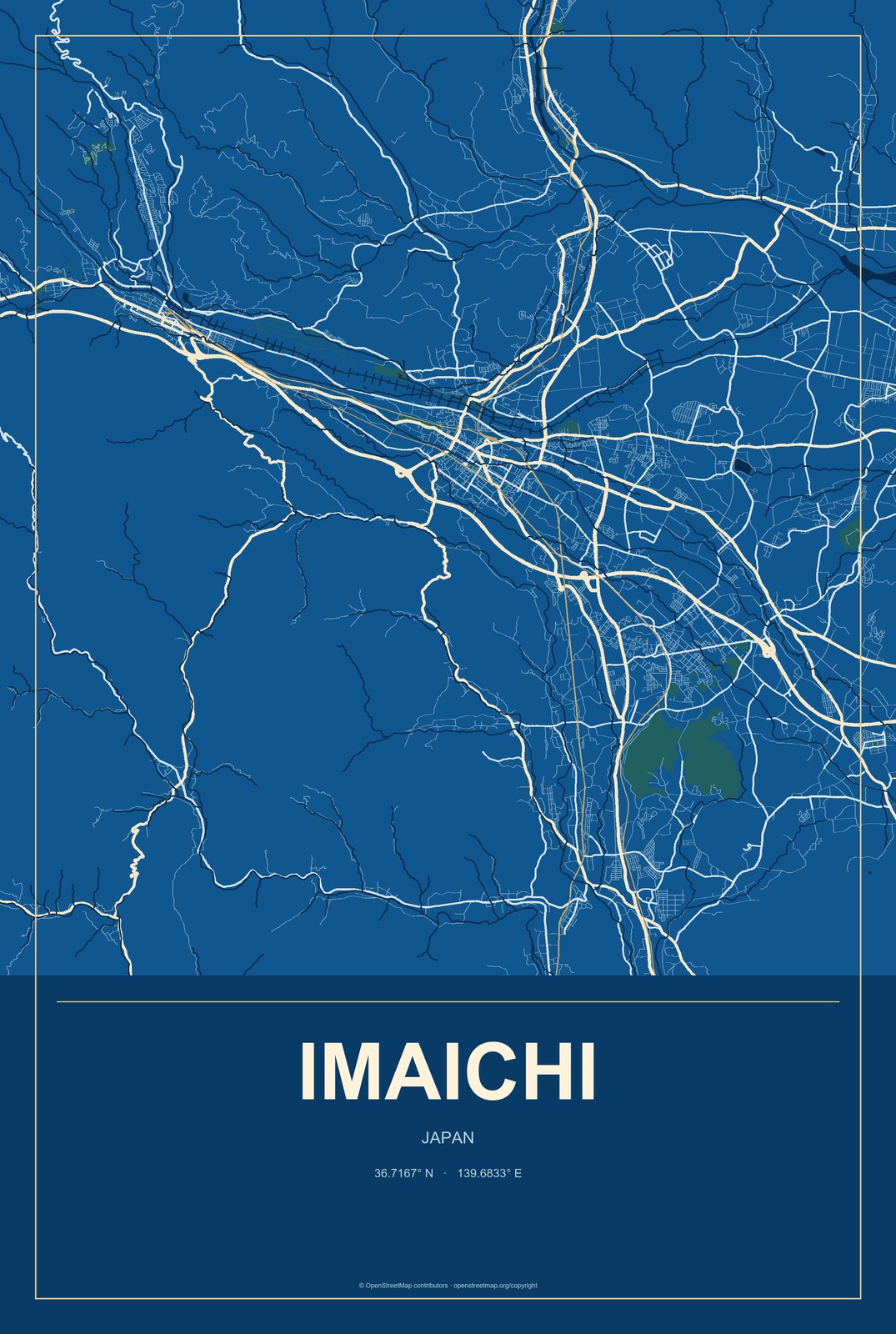 Imaichi, Japan City Map Aluminum Sign in Harbor Cobalt style