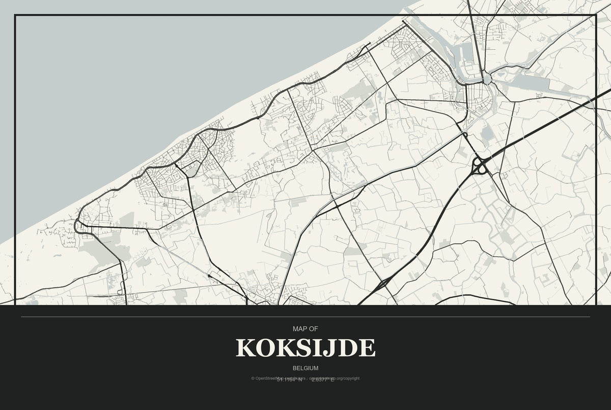 Koksijde, Belgium City Map Aluminum Sign in Museum Plaque style